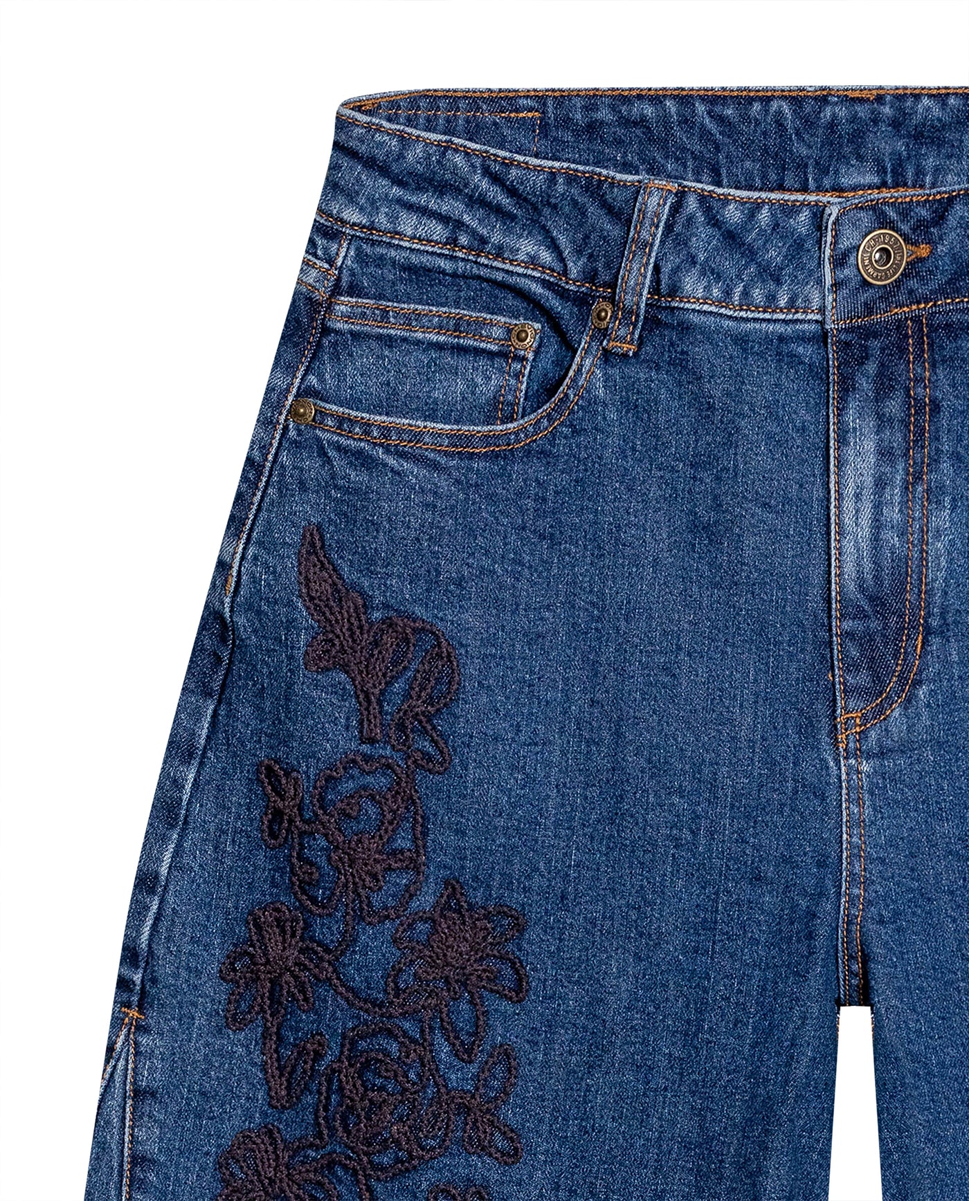 Womens Jeans Special Fit Barrel Super High Rise Cotton Comfort Dark Wash Floral Embroidery - Blue 63_431H018_AZU194052_8