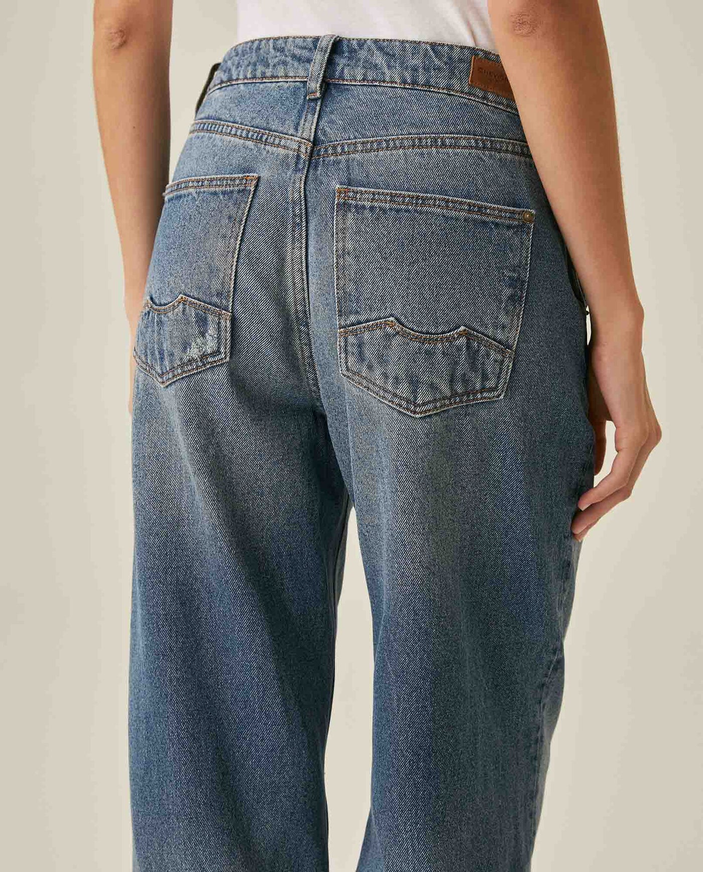 Womens Jeans Straight Wide Fit Wide Hem Super High Rise Cotton Comfort Medium Wash Destroyer Effect Diagonal Pockets - Blue 63_431H028_AZU184140_7