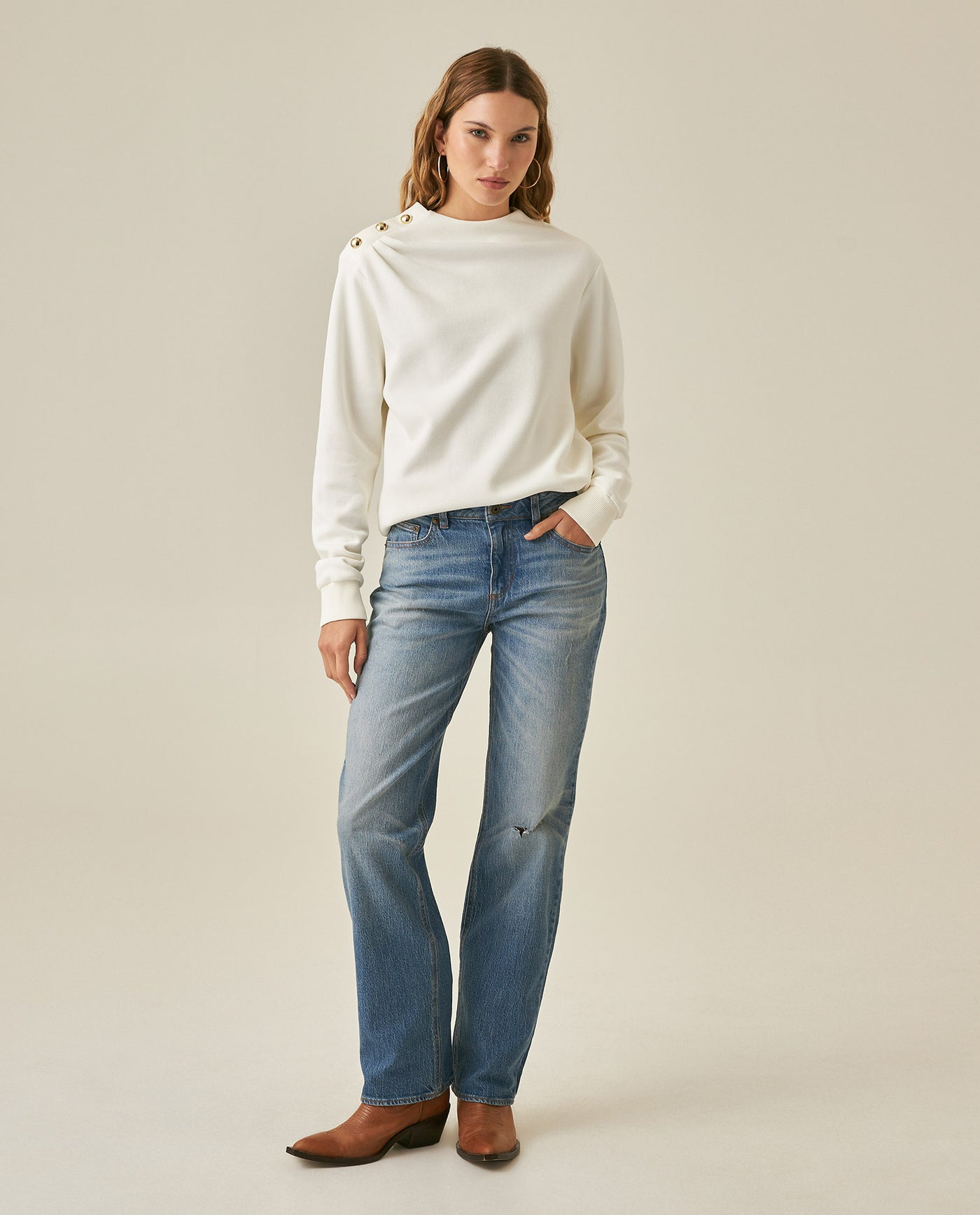 Womens Jeans Straight Relaxed Fit High Rise Cotton Comfort Medium Wash Piqué Texture Rips - Blue 63_431H031_AZU184140_4