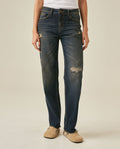 Women's Heritage Jeans Straight Relaxed Fit Mid Rise Cotton Comfort Dark Wash Rips Subtle Distressing - Blue