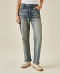 Women's Heritage Jeans Boy Fit Bootcut Mid Rise Cotton Blend Medium Wash Distressing Powdered Whiskering - Blue