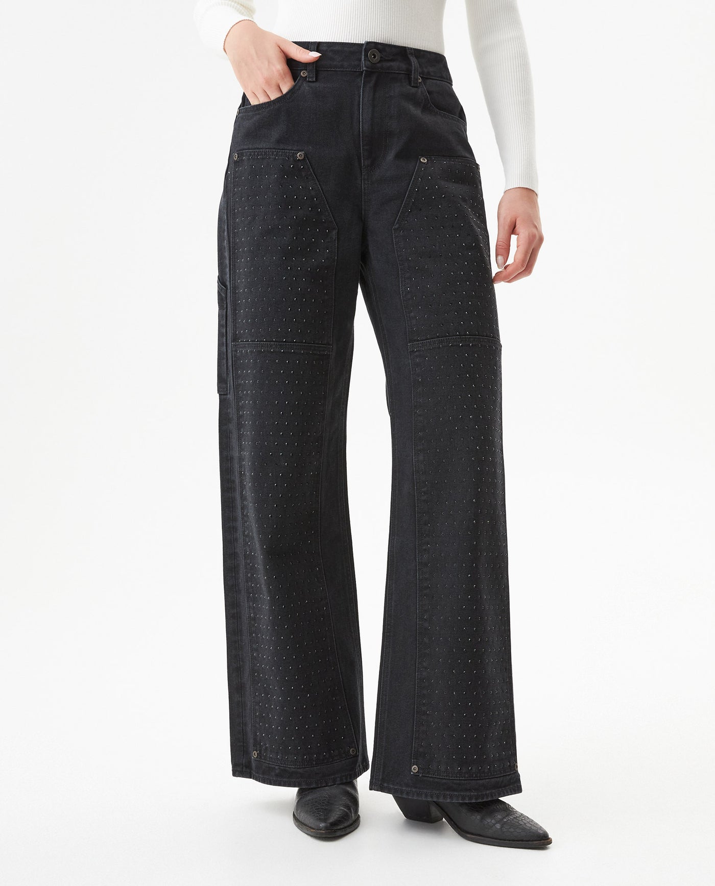 Women's Special Fit Wide Leg High Rise Black Wash Jeans in Cotton-Viscose Blend, Ceremony 439G031 - 1