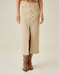 Women's Skirt Midi Denim Cotton–Elastane Classic Construction Rhinestone Front Pockets Leather Badge Versatile - Raw