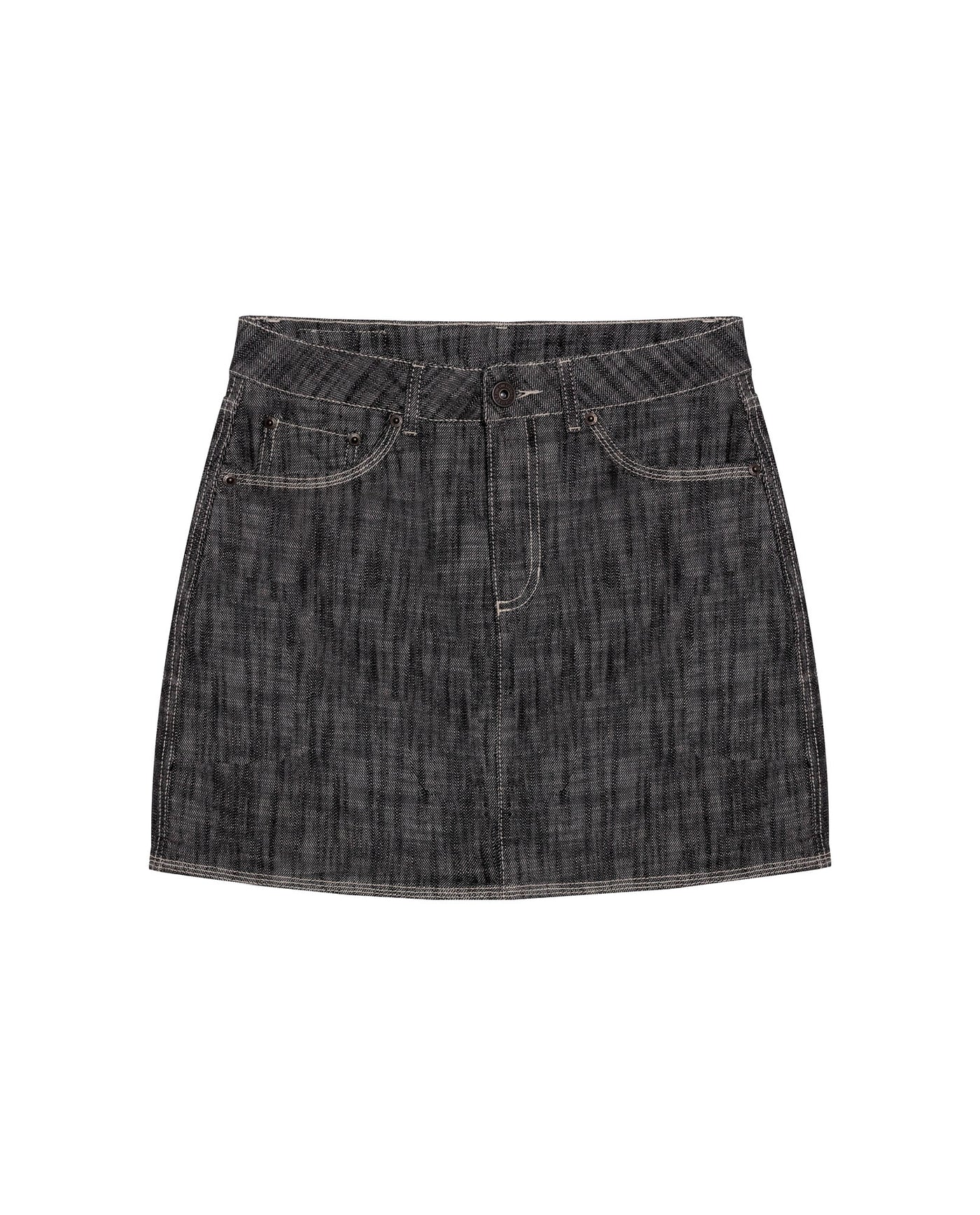 Womens Skirt Denim Cotton Non-Stretch Gray Wash Heavy Distressing Set Leather Badge 3-Needle Construction - Gray 63_441H001_GRI194305_3