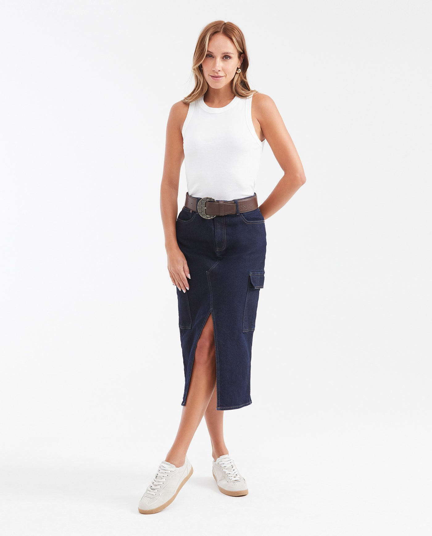 Midi Cargo Skirt in Dark Blue High Rise Denim for Women - Blue 442G001 - 2