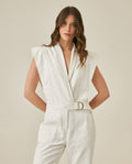 Women's Jumpsuit Sleeveless Crossover Tuxedo Collar Cotton Raw Ivory - Raw