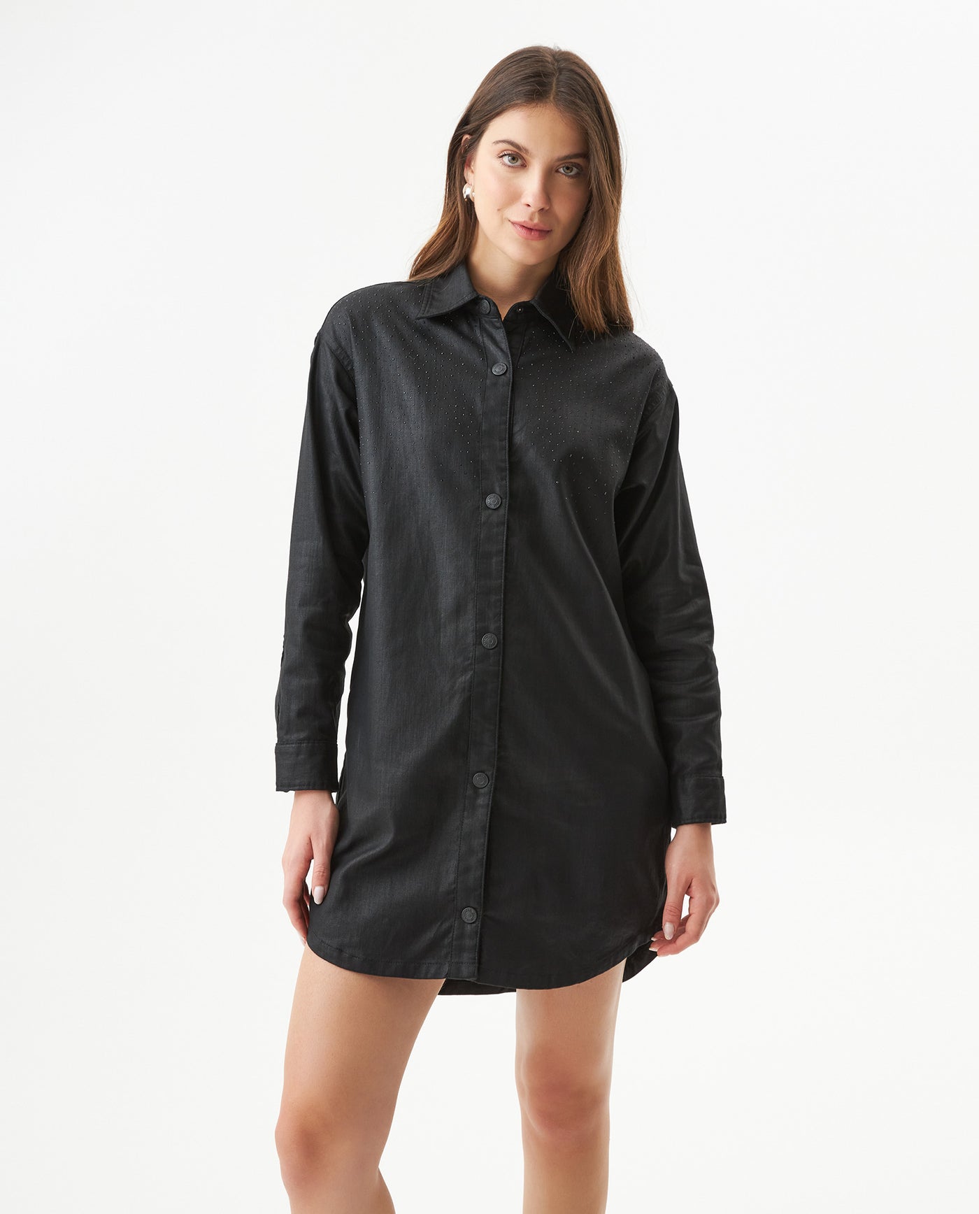 Women's Stone Print Black Denim Shirt Dress in Cotton, Splarkle 479G000 - 1