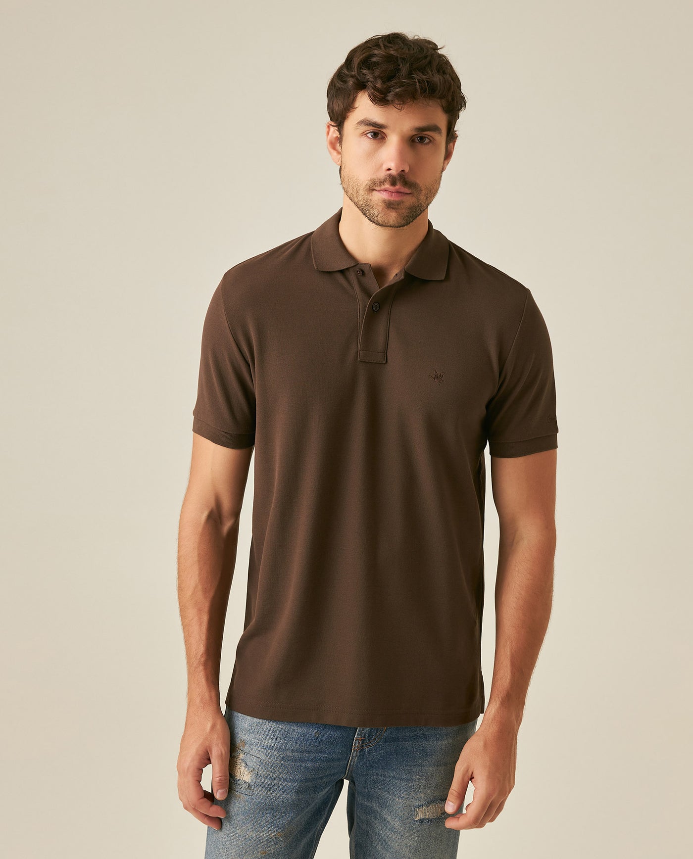 Mens Polo Classic Fit Short Sleeve Cotton Embroidered Duck Heart Cursive Sleeve Logo - Brown 63_601H000_CAF190712_0