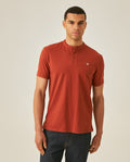 Men's Polo Slim Fit Mandarin Collar Sanforized Cotton Elastane Red Contrast Cuffs Side Vents - Brown