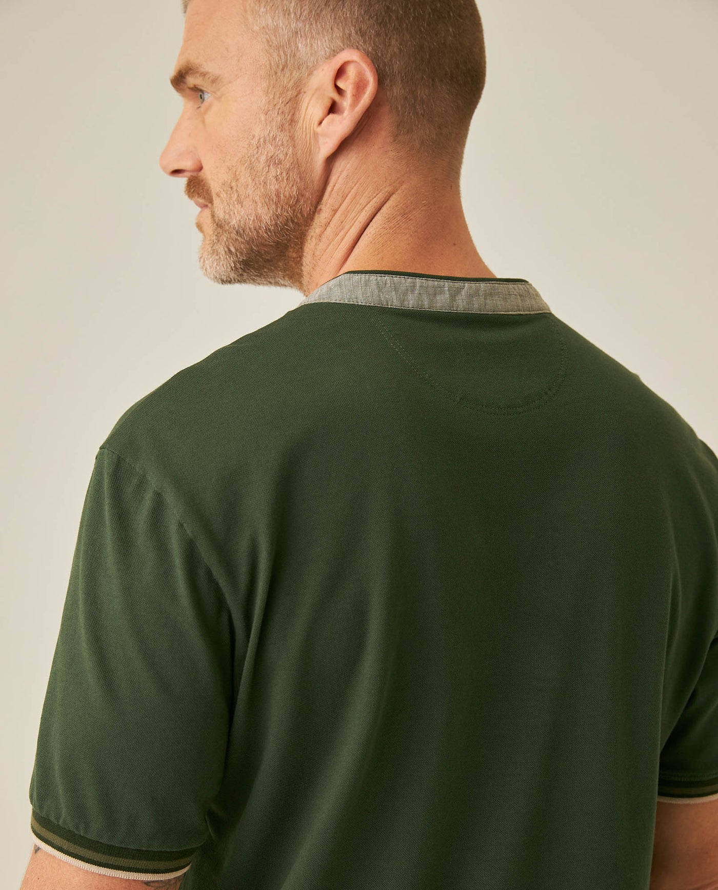 Mens Polo Slim Fit Mandarin Collar Piqué Cotton Elastane Contrast Band Cuffs Embroidered Duck - Green 63_601H003_VER190414_7