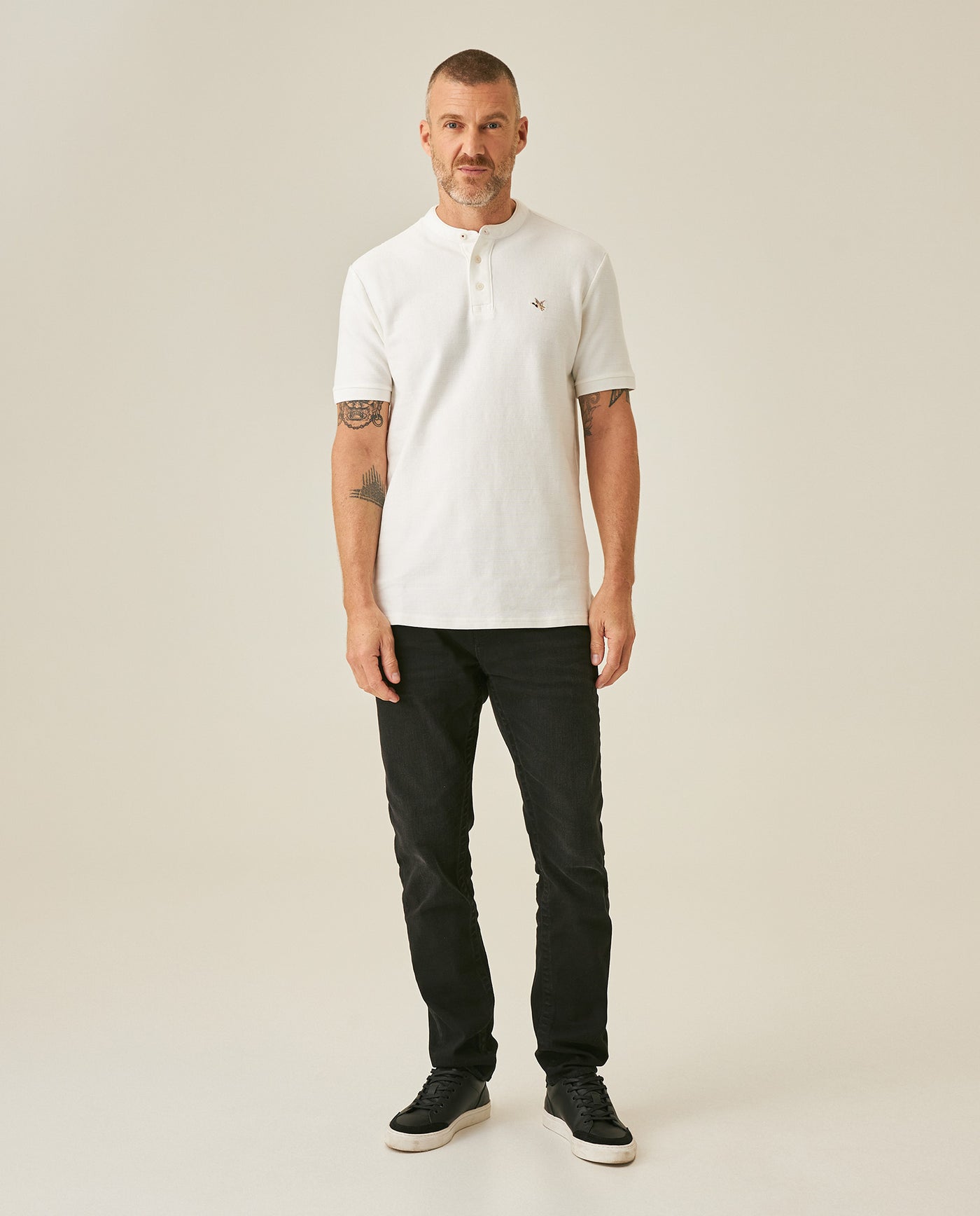 Mens Polo Shirt Classic Fit Mandarin Collar Short Sleeve Piqué Jacquard Cotton Contrast Details - Raw 63_601H007_CRU110606_4