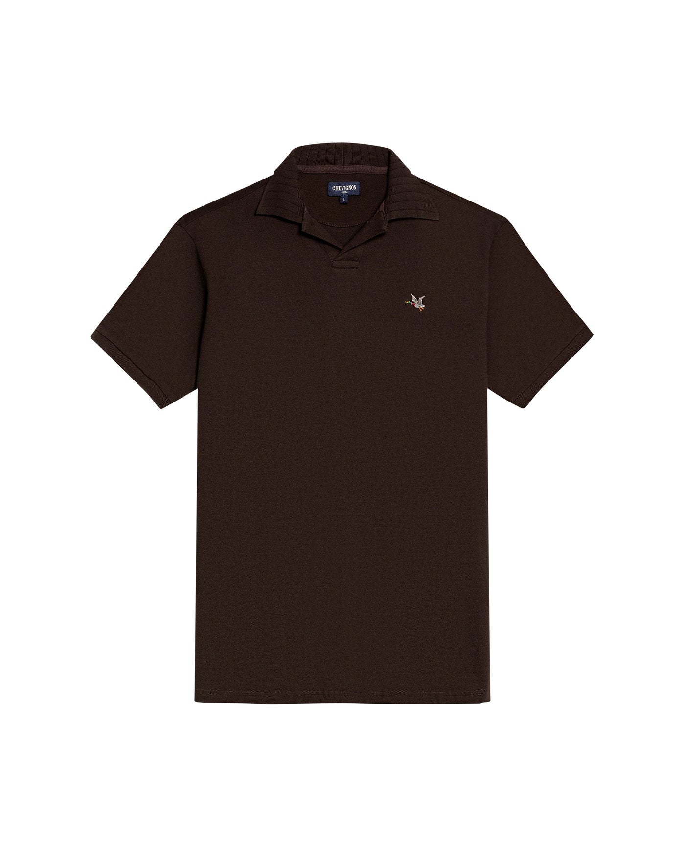 Mens Polo Shirt Slim Fit Short Sleeve V Placket Piqué Cotton Elastane Wide Collar Channel Vibrant Duck - Brown 63_601H012_CAF191016_3