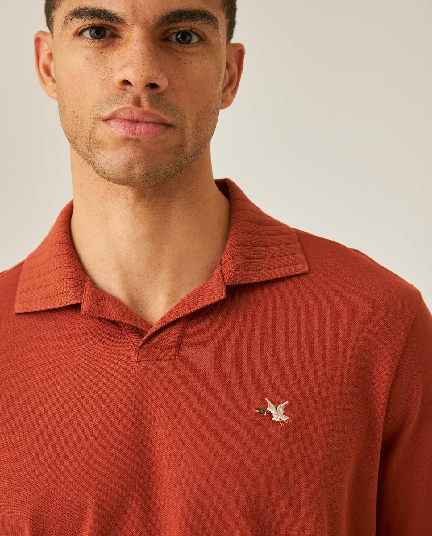 Mens Polo Shirt Slim Fit Short Sleeve V Placket Piqué Cotton Elastane Wide Collar Channel Vibrant Duck - Brown 63_601H012_CAF191245_5
