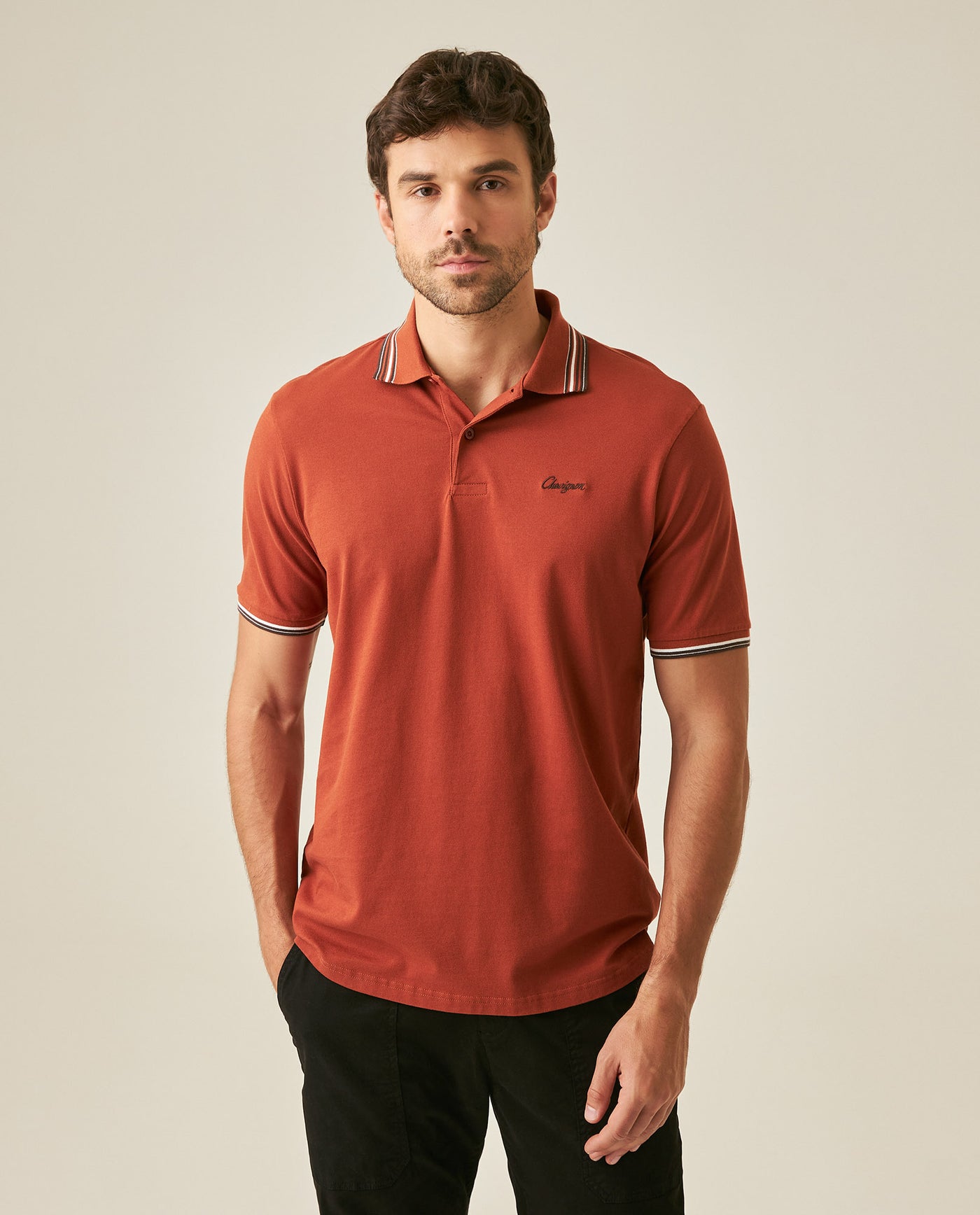 Mens Polo Shirt Classic Fit Short Sleeve Piqué Cotton Elastane Knit Pinstripe Collar Cuffs Embroidered - Brown 63_601H016_CAF191245_0