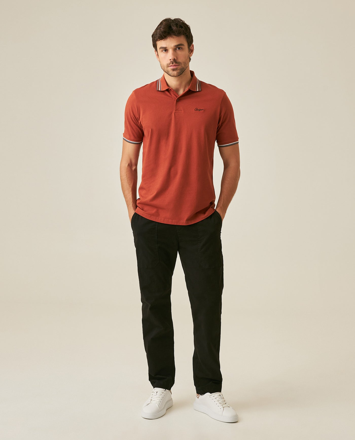 Mens Polo Shirt Classic Fit Short Sleeve Piqué Cotton Elastane Knit Pinstripe Collar Cuffs Embroidered - Brown 63_601H016_CAF191245_4