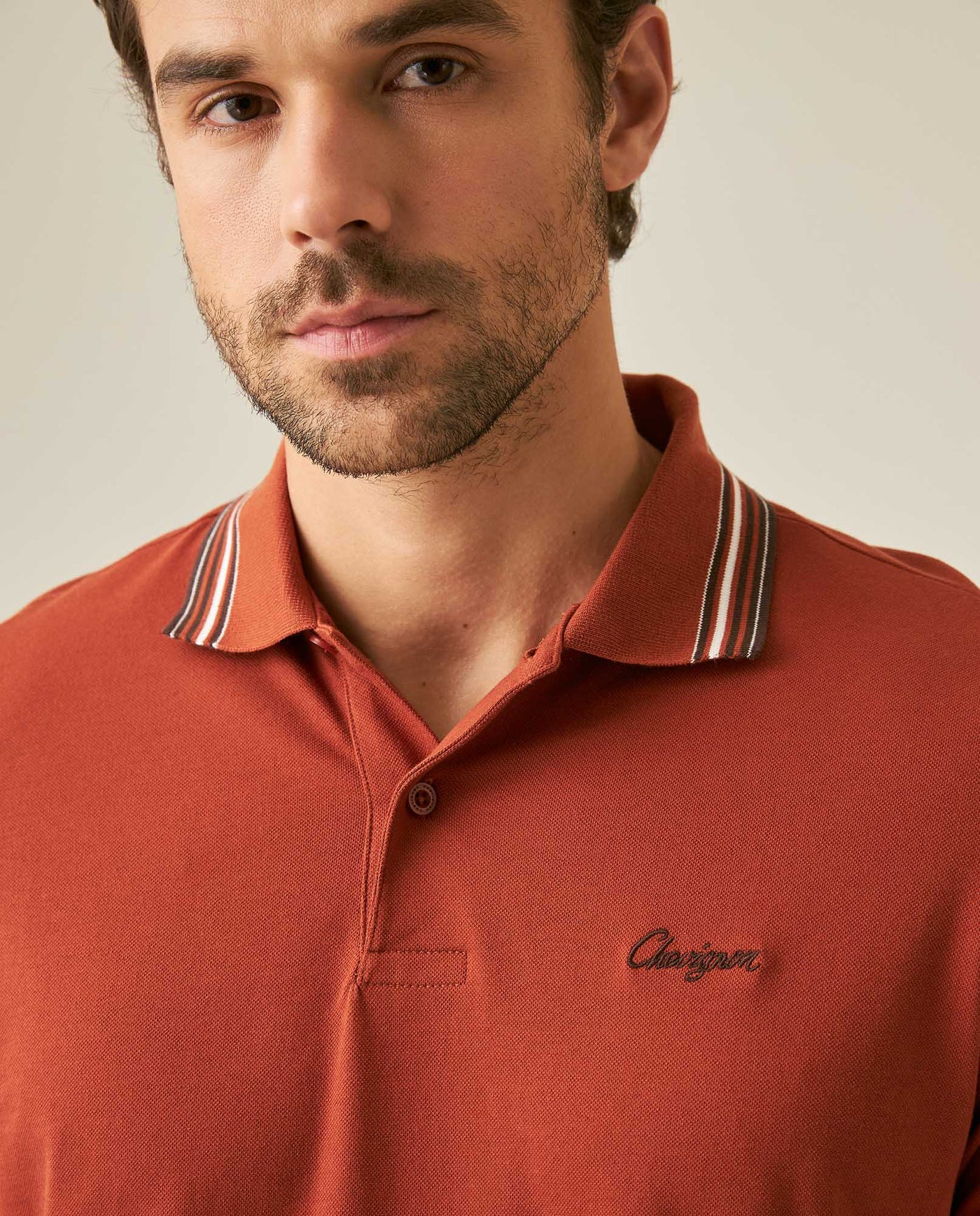 Mens Polo Shirt Classic Fit Short Sleeve Piqué Cotton Elastane Knit Pinstripe Collar Cuffs Embroidered - Brown 63_601H016_CAF191245_5
