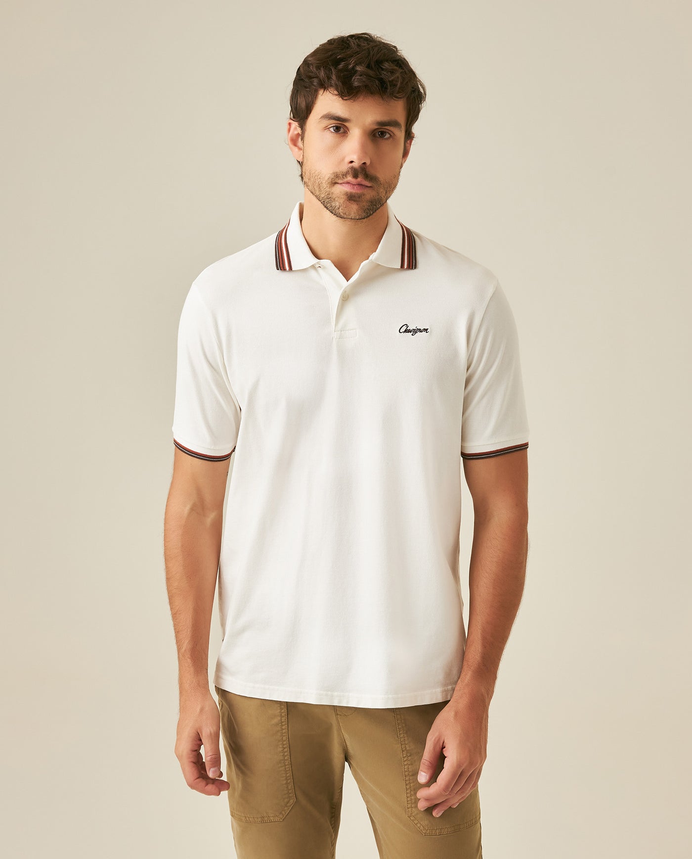 Mens Polo Shirt Classic Fit Short Sleeve Piqué Cotton Elastane Knit Pinstripe Collar Cuffs Embroidered - Raw 63_601H016_CRU110606_0