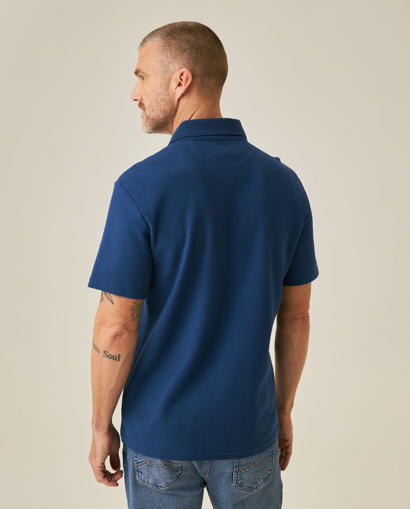 Mens Polo Shirt Classic Fit Short Sleeve Honeycomb Piqué Cotton Hidden Placket Jacquard Collar - Blue 63_601H018_AZU194031_6