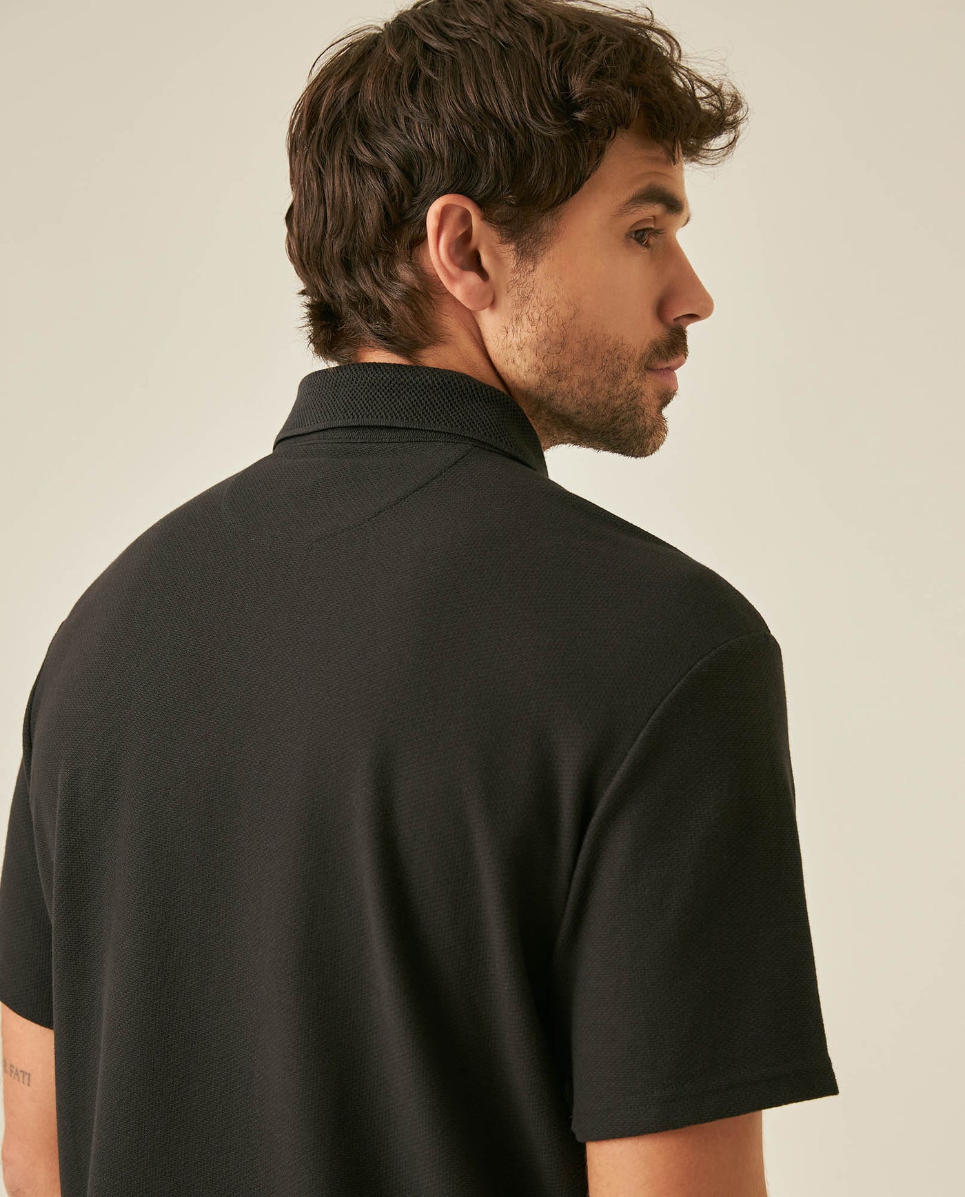 Mens Polo Shirt Classic Fit Short Sleeve Honeycomb Piqué Cotton Hidden Placket Jacquard Collar - Black 63_601H018_NEG194007_7