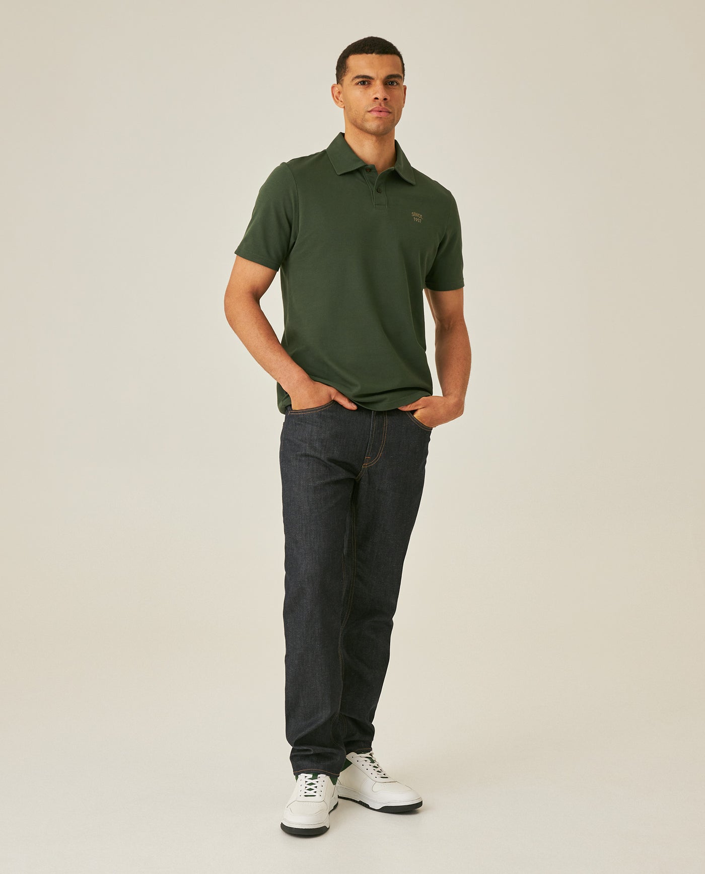 Mens Polo Shirt Slim Fit Short Sleeve Diagonal Piqué Cotton Polyester Large 1957 Embroidery Textured Button - Green 63_601H022_VER190414_4