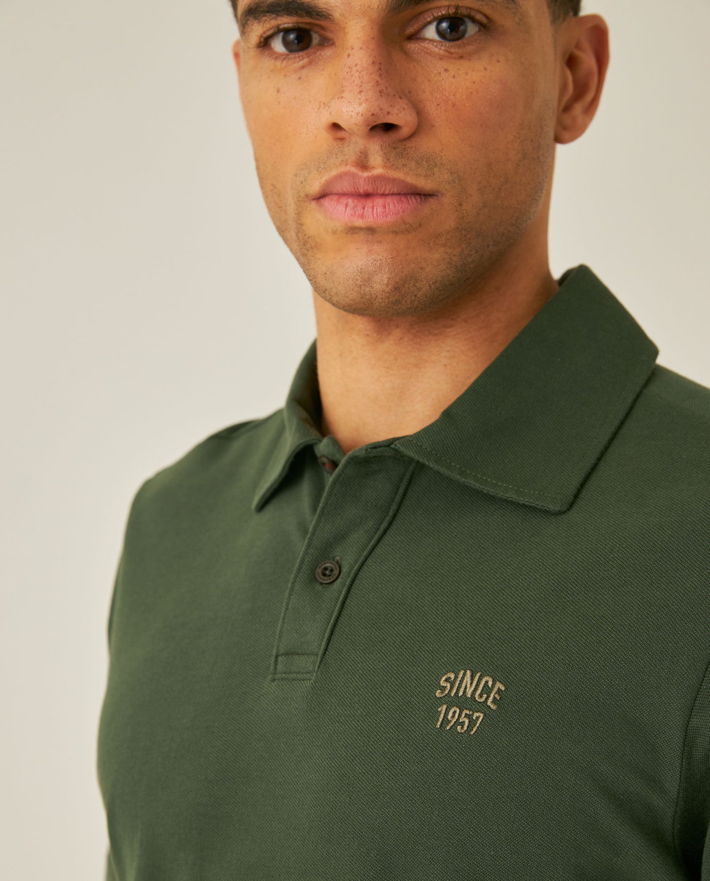Mens Polo Shirt Slim Fit Short Sleeve Diagonal Piqué Cotton Polyester Large 1957 Embroidery Textured Button - Green 63_601H022_VER190414_5