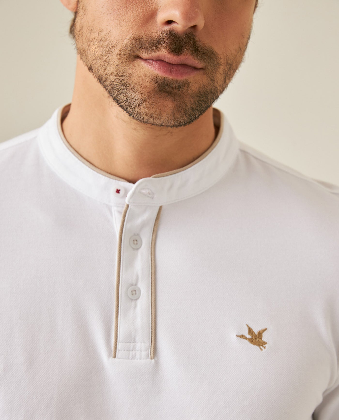 Mens Polo Shirt Slim Fit Mandarin Collar Short Sleeve Piqué Cotton Elastane Contrast Bias Details - White 63_601H027_BLA110601_5