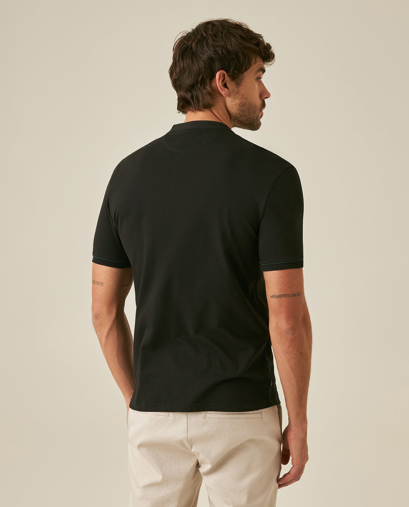 Mens Polo Shirt Slim Fit Mandarin Collar Short Sleeve Piqué Cotton Elastane Contrast Bias Details - Black 63_601H027_NEG194007_6