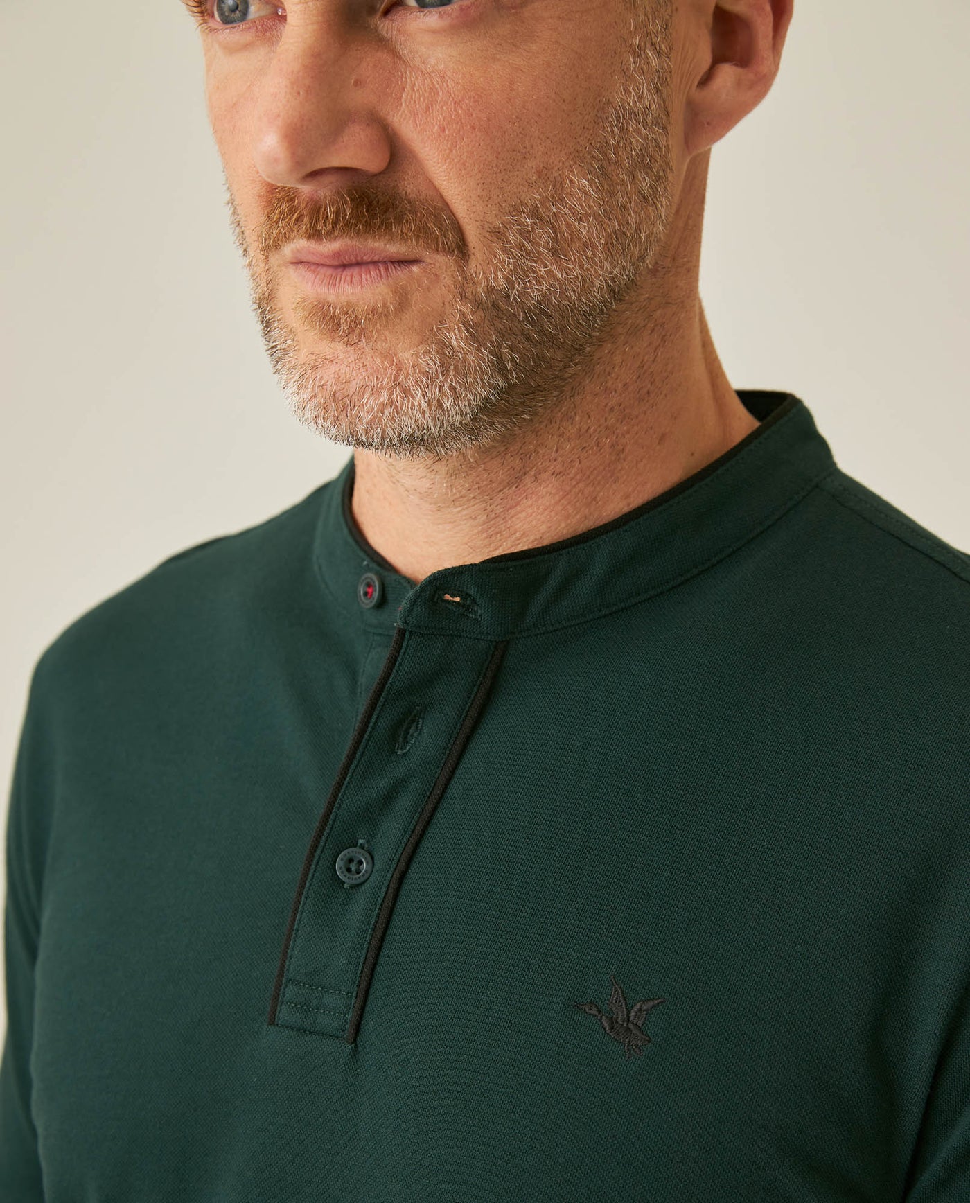 Mens Polo Shirt Slim Fit Mandarin Collar Short Sleeve Piqué Cotton Elastane Contrast Bias Details - Dark Green 63_601H027_VER195406_5