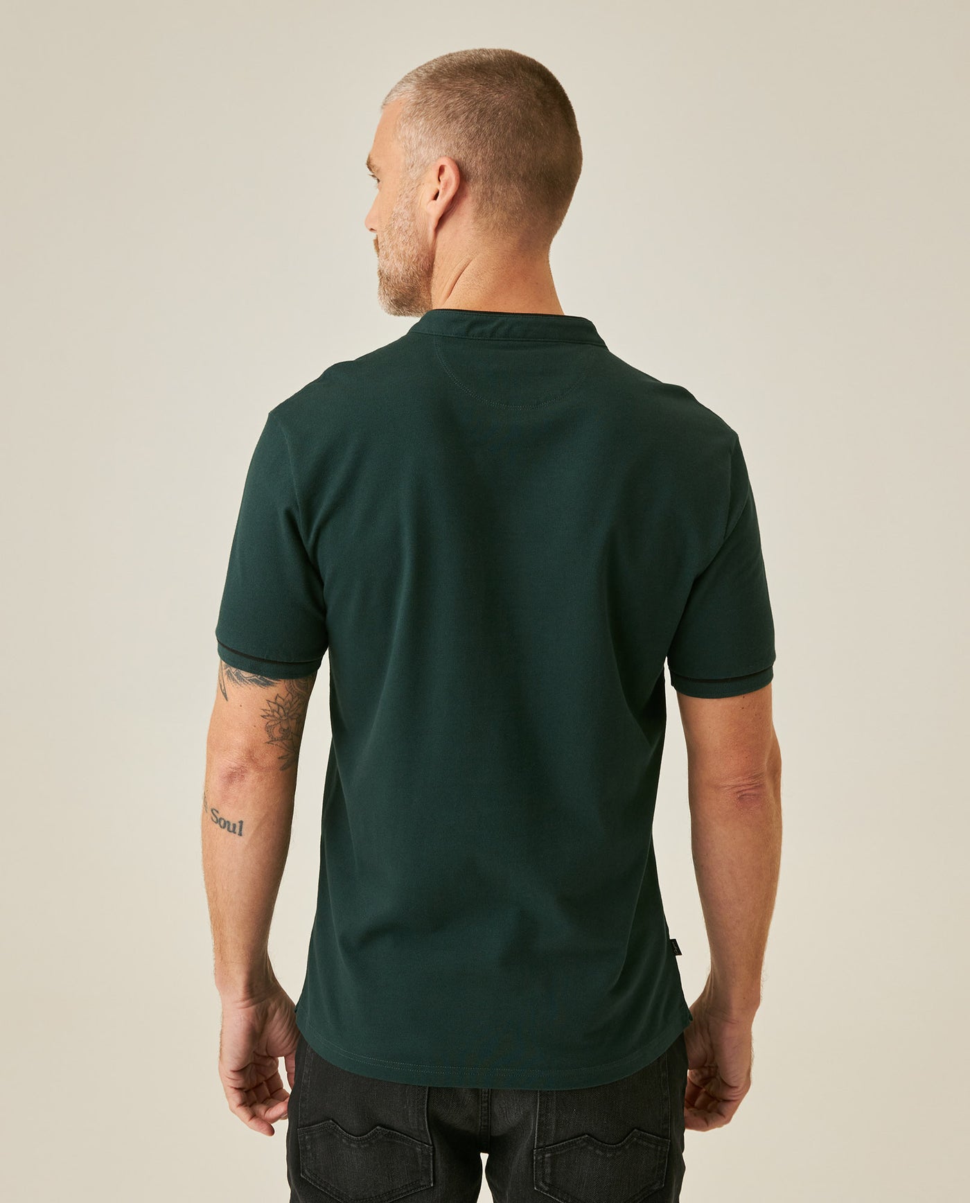 Mens Polo Shirt Slim Fit Mandarin Collar Short Sleeve Piqué Cotton Elastane Contrast Bias Details - Dark Green 63_601H027_VER195406_6