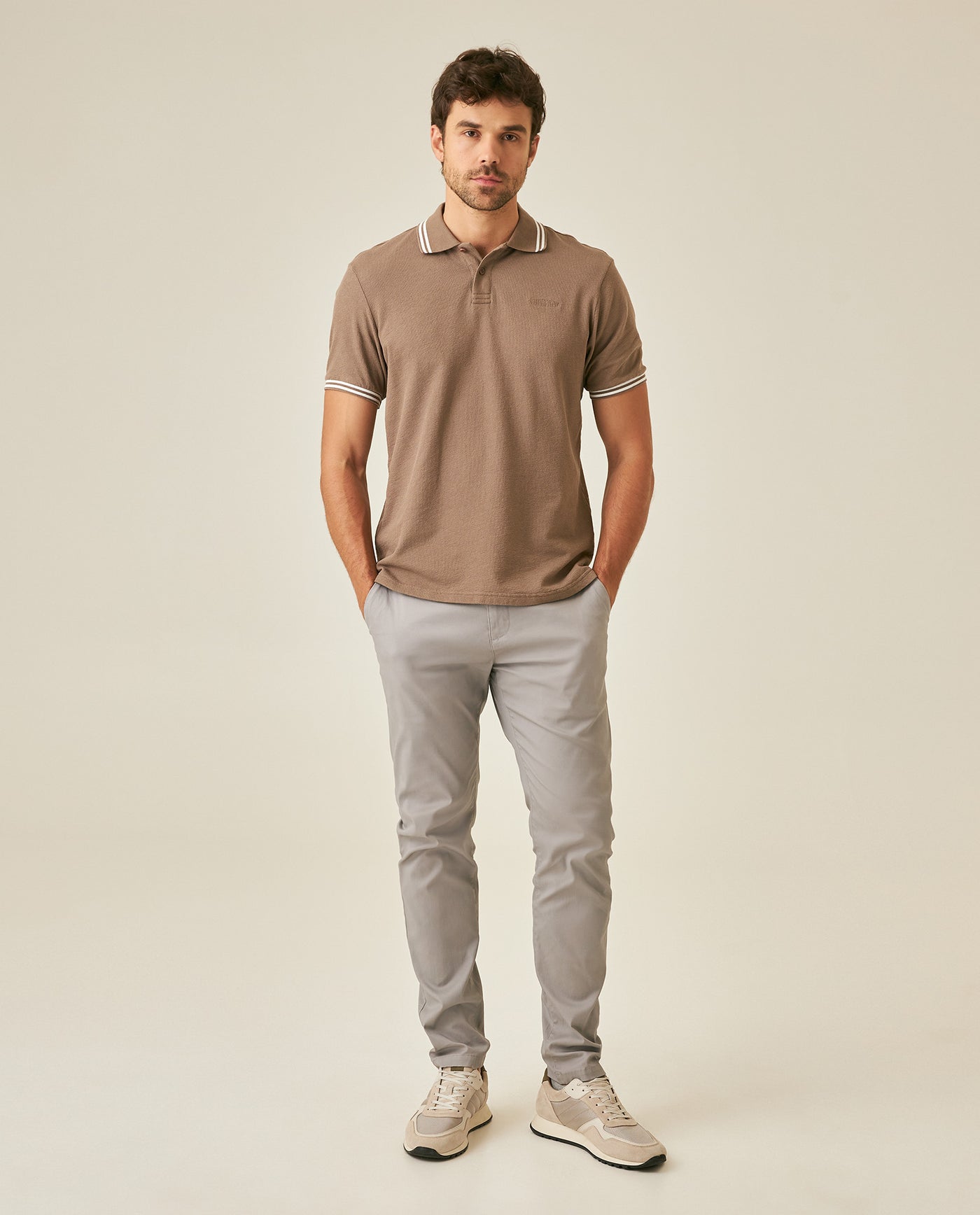 Mens Polo Shirt Slim Fit Short Sleeve Textured Cotton Knit Simulation Contrast Stripe Collar Cuffs - Brown 63_601H029_CAF190840_4