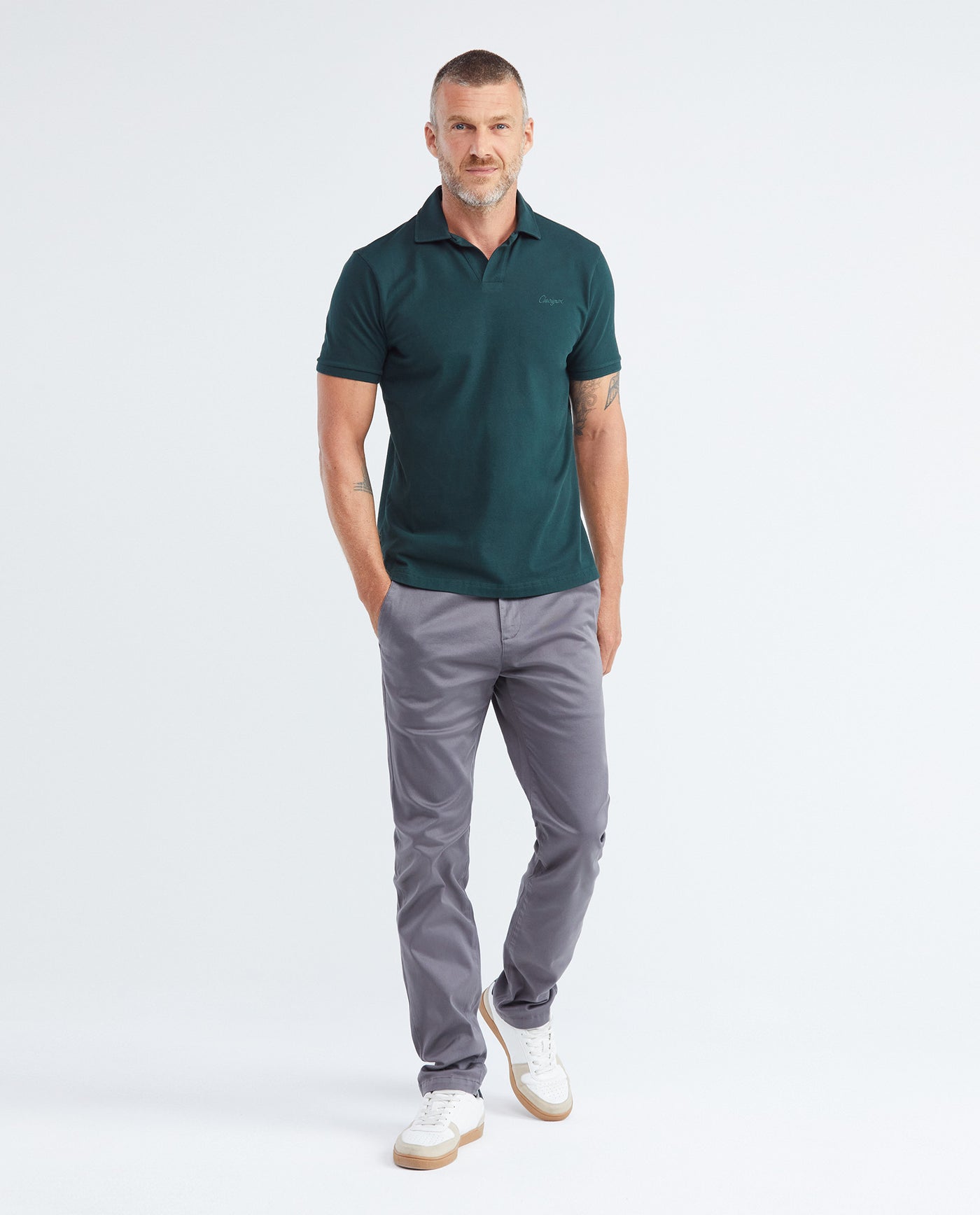 Men's Polo Shirt, Slim Fit Short Sleeve - Summer Type Main Fabric Collar V-Placket - Green 602F015 - 2