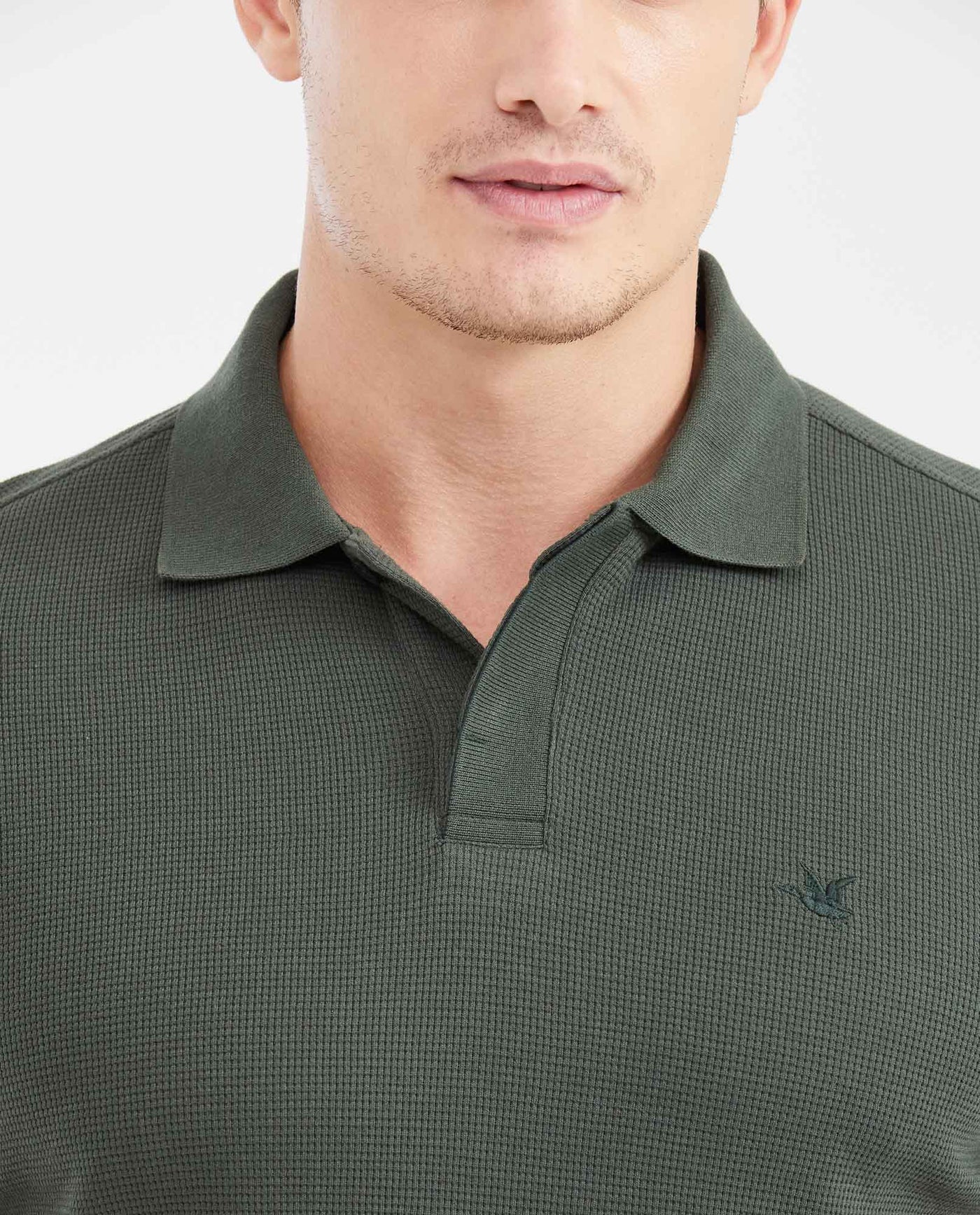 Slim Fit Polo Shirt with Waffle Texture and Hidden Buttons for Men - Green 602G010 - 3