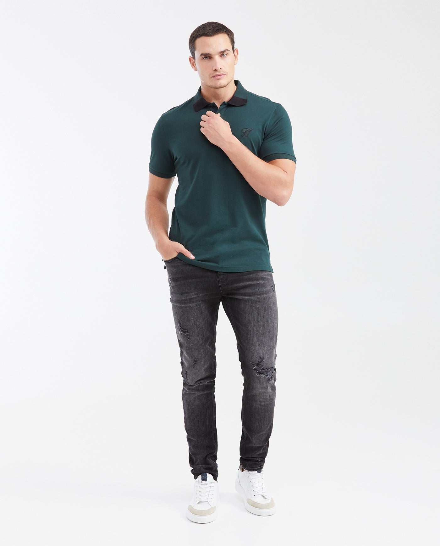 Men's Slim Fit Polo Shirt with Color Block Collar - Green 602G018 - 2