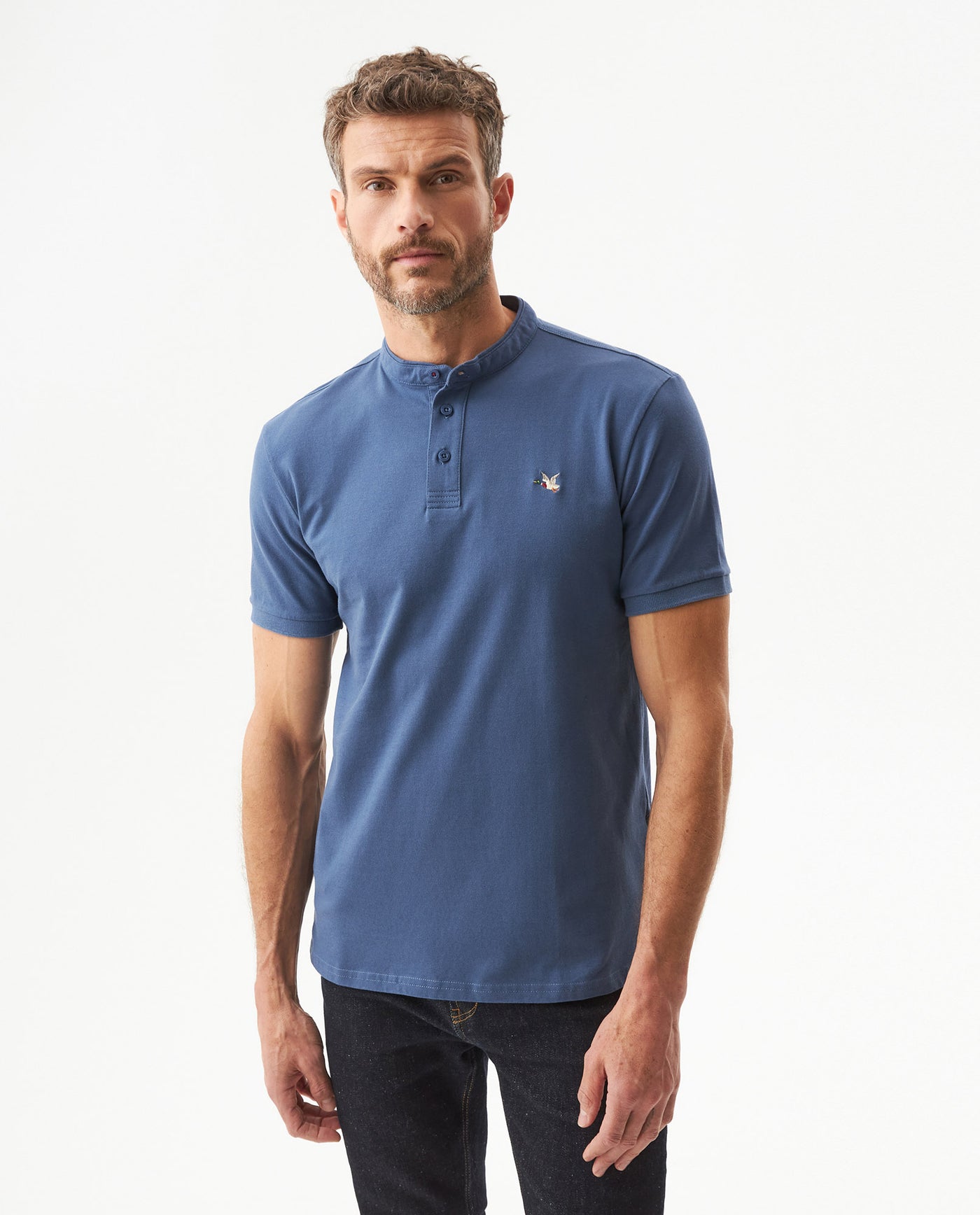 Men's Slim Fit Mandarin Collar Polo Shirt in Cotton Stretch Blend, Marine 609G002 - 1