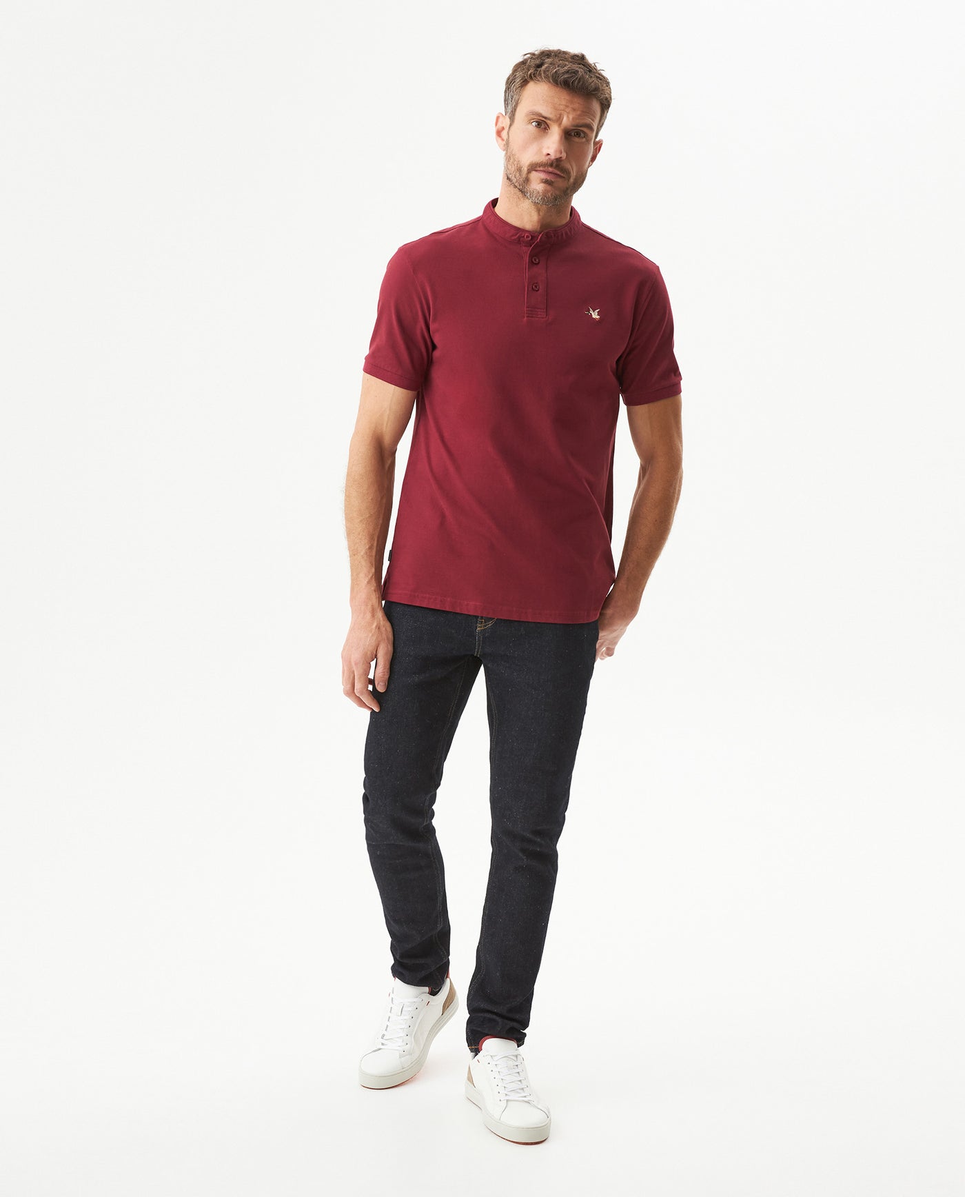 Men's Slim Fit Mandarin Collar Polo Shirt in Cotton Stretch Blend, Marine 609G002 - 3