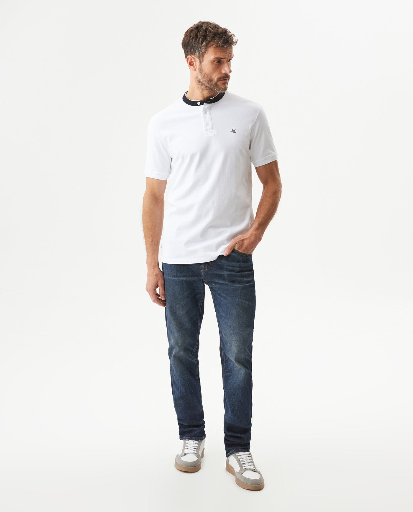 Men's Slim Fit Mandarin Collar Polo Shirt in Cotton Stretch Blend, Festive - 3
