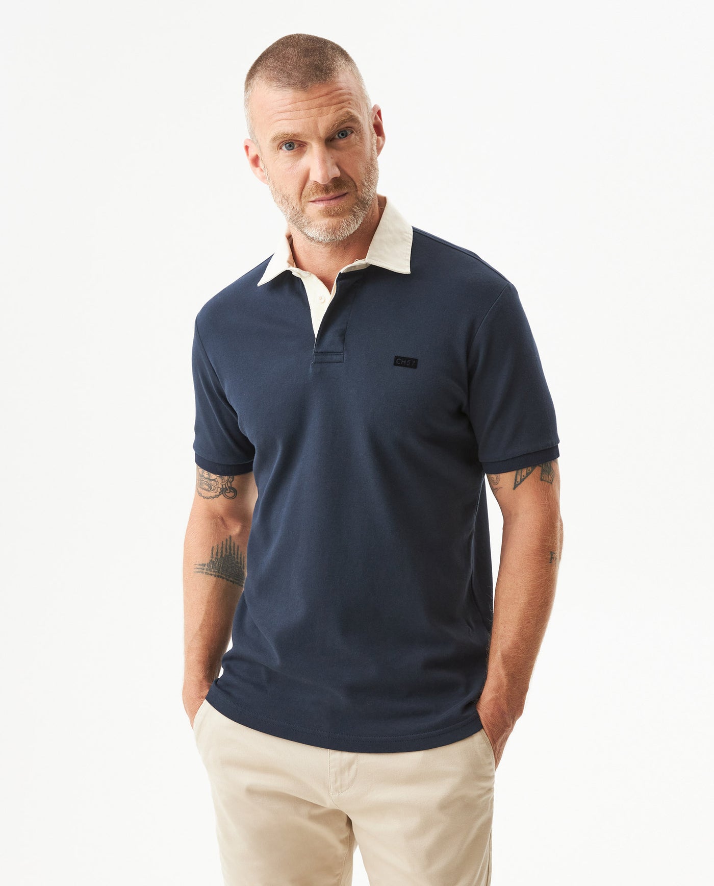 Men's Short Sleeve Printed Logo Slim Fit Polo Shirt in Cotton Majestic 63_609G030_AZU194024_0