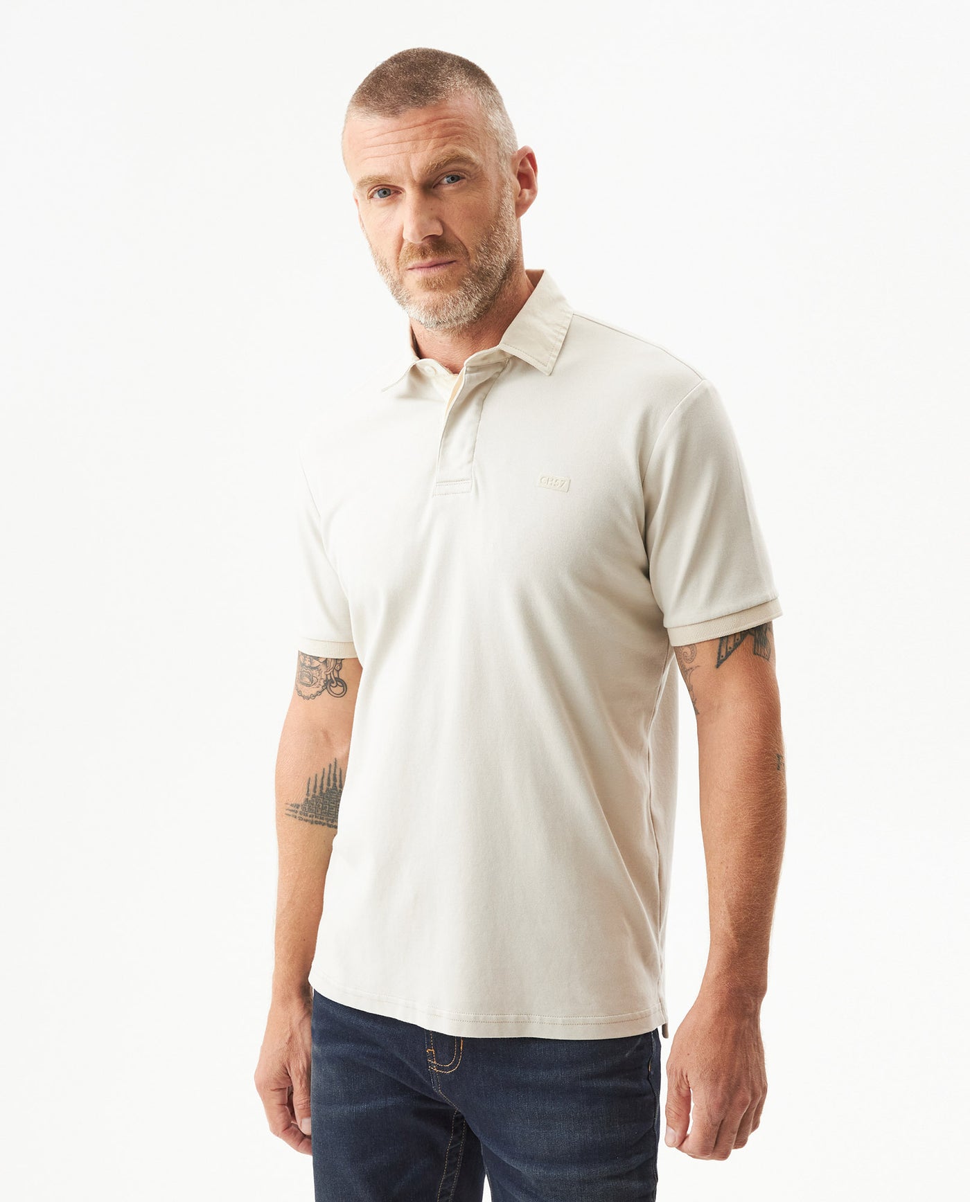 Men's Short Sleeve Printed Logo Slim Fit Polo Shirt in Cotton Majestic 63_609G030_BEI160924_0