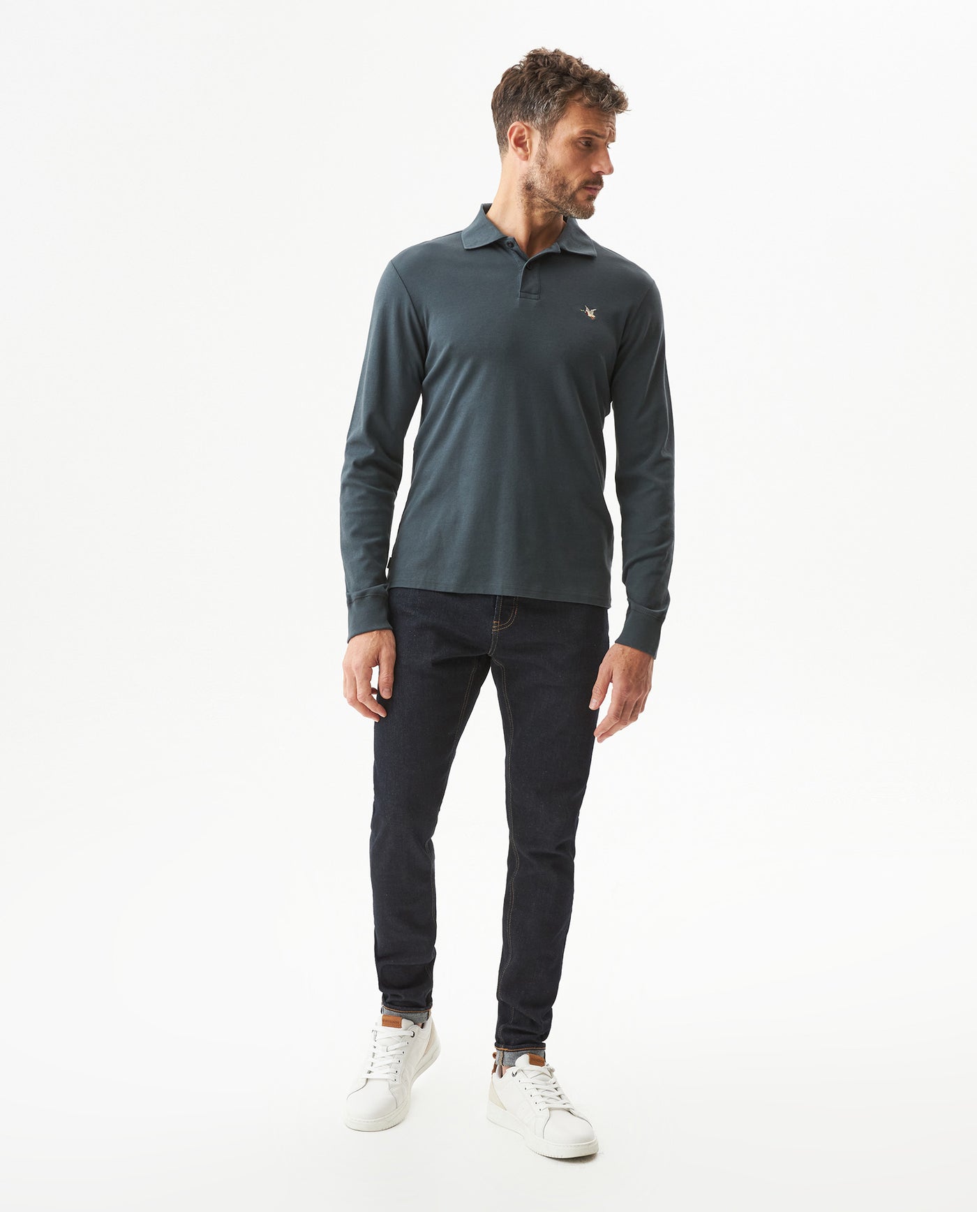 Men's Long Sleeve Slim Fit Polo Shirt in Cotton, Offshore 609G035 - 3