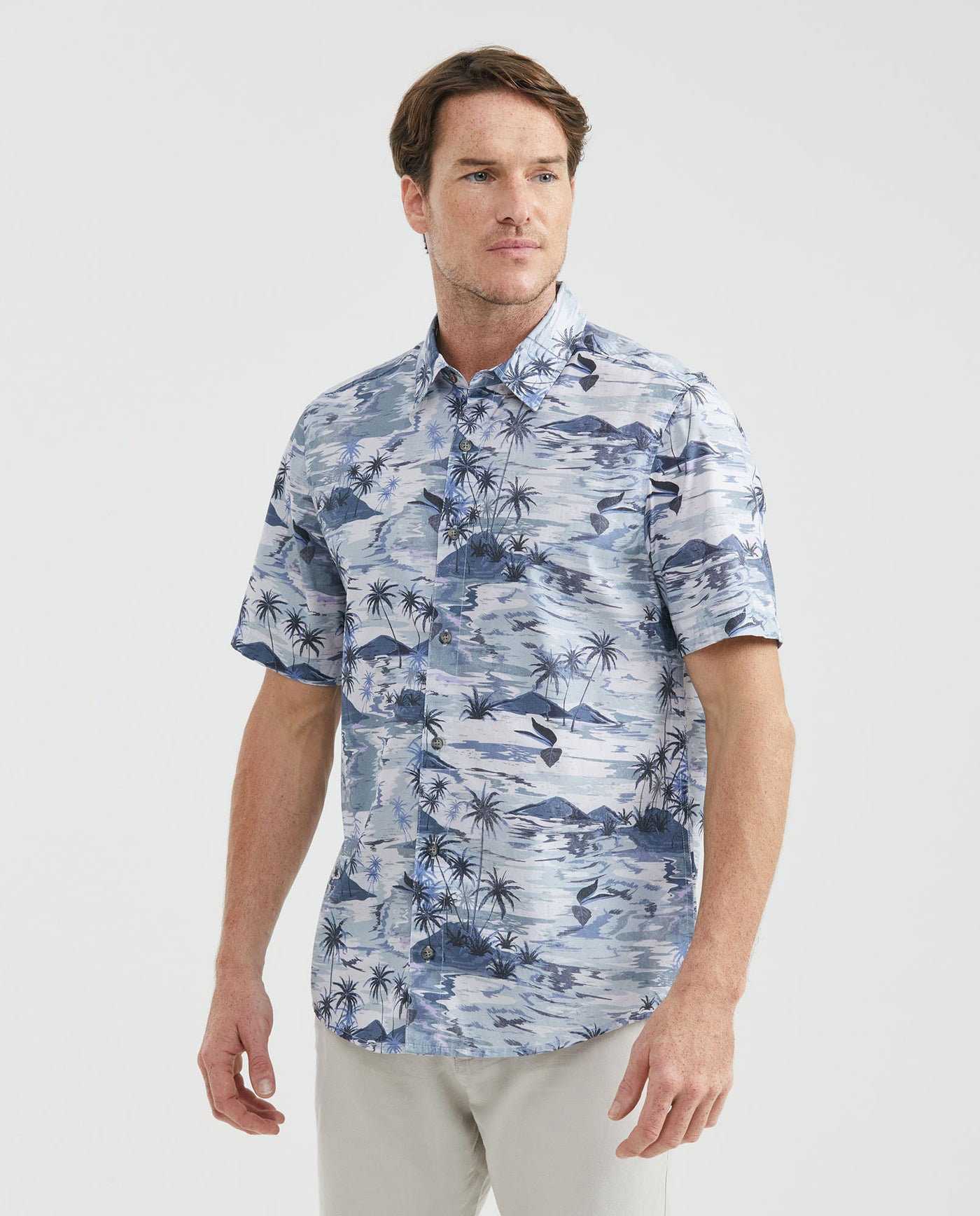 Men's Resort Shirt, Classic Fit Short Sleeve - Maxi Palm Print - Blue 611F007 - 1