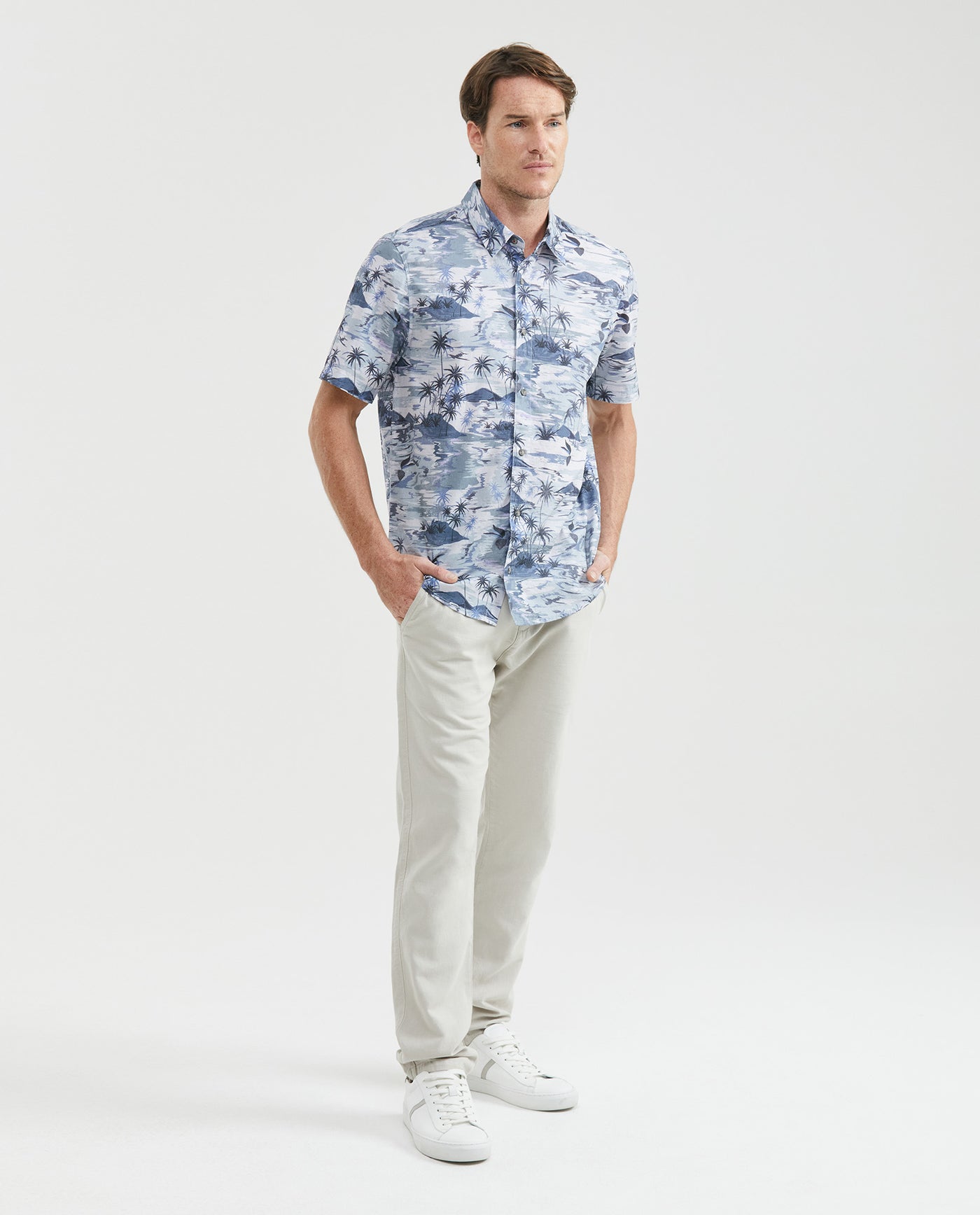 Men's Resort Shirt, Classic Fit Short Sleeve - Maxi Palm Print - Blue 611F007 - 2