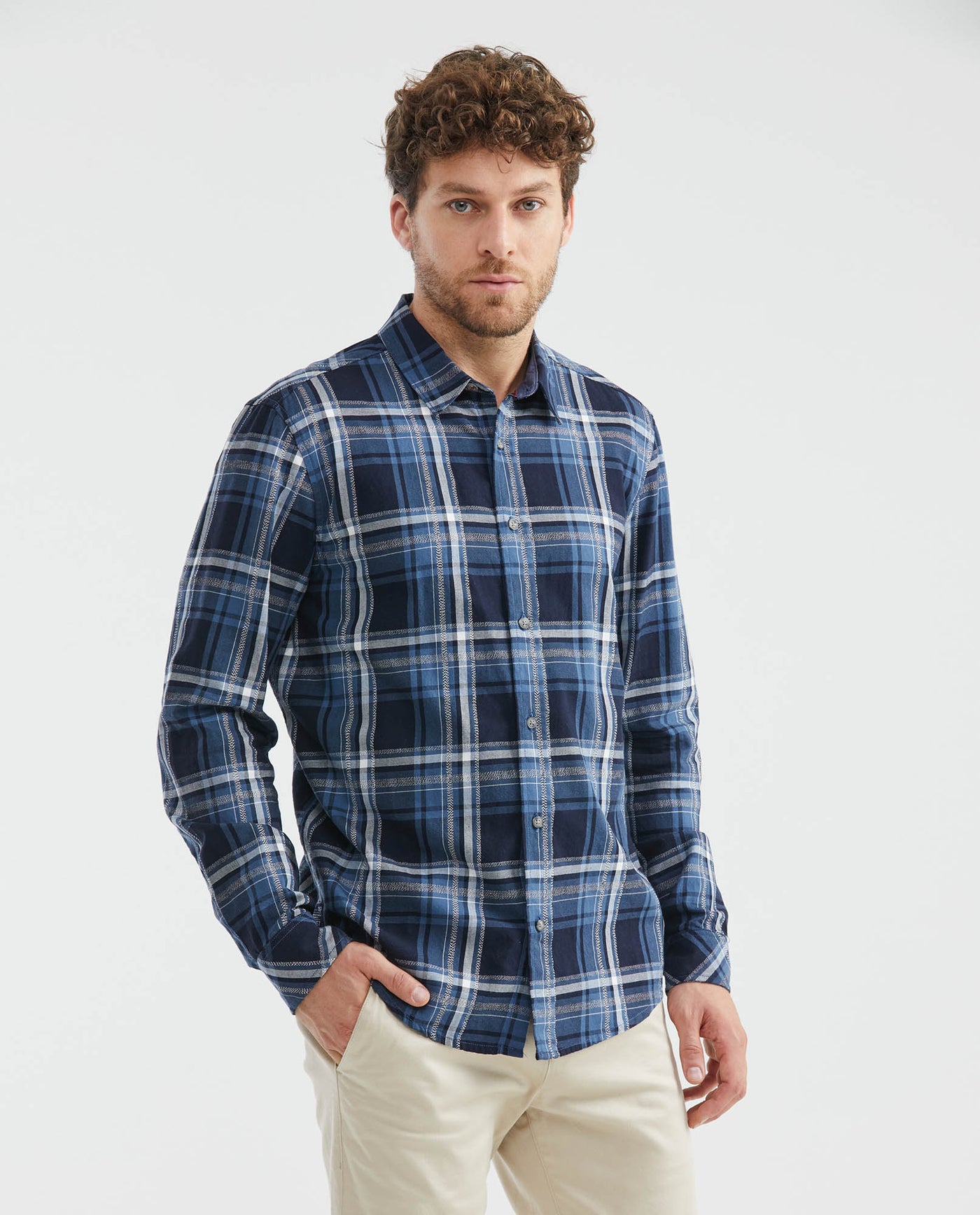 Men's Slim Fit Check Shirt Contrast Band Red Thread in Cotton 611F017 - 1