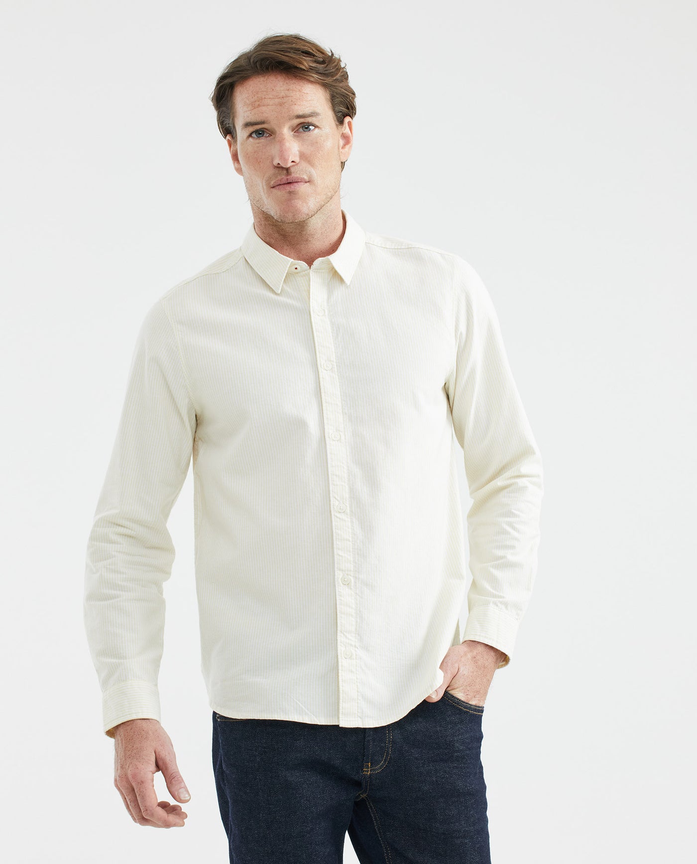 Men's Shirt, Slim Fit Long Sleeve - Pinstripes - Yellow 611F032 - 1