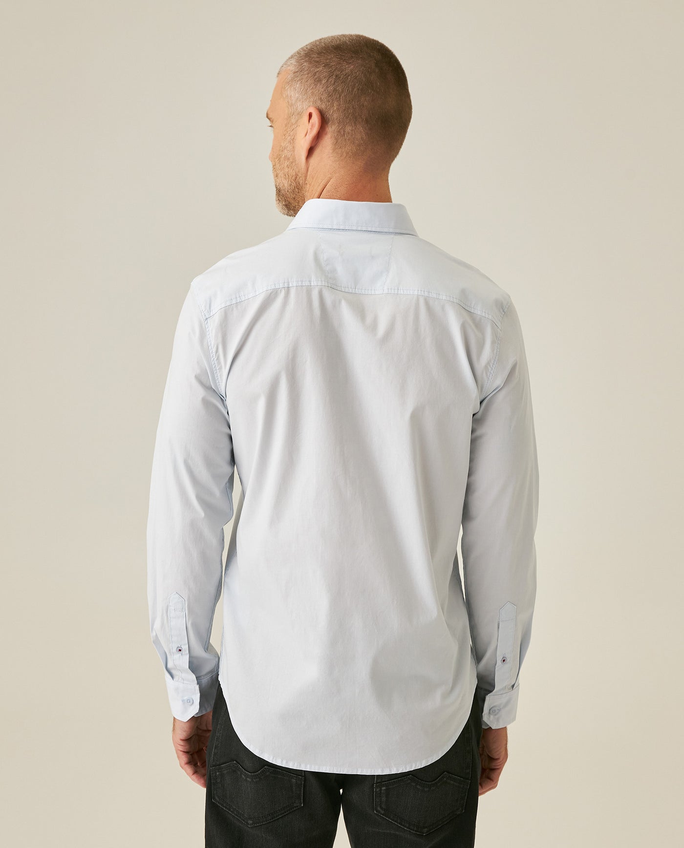 Mens Shirt Long Sleeve Slim Fit Open Collar Poplin Cotton Lycra Subtle Horizontal Ribs Woven Label - Blue 63_611H000_AZU124202_6