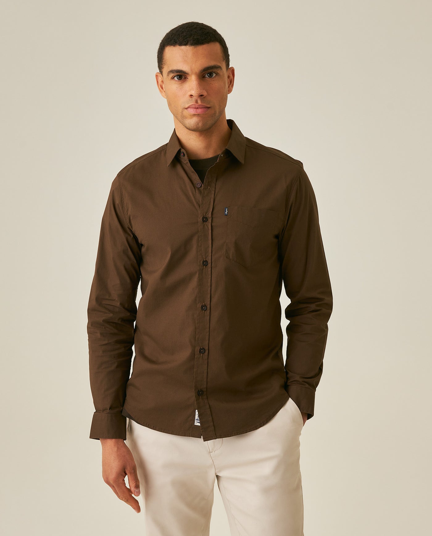 Mens Shirt Long Sleeve Slim Fit Open Collar Poplin Cotton Lycra Subtle Horizontal Ribs Woven Label - Brown 63_611H000_CAF191016_0