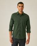 Men's Shirt Long Sleeve Slim Fit Open Collar Poplin Cotton Lycra Subtle Horizontal Ribs Woven Label - Green