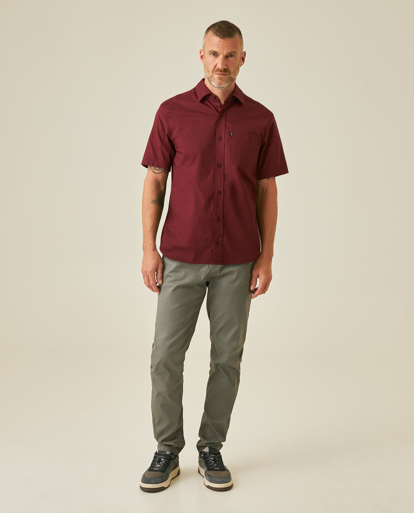 Mens Shirt Short Sleeve Slim Fit Spread Collar Poplin Cotton Lycra Woven Pocket Label - Red 63_611H001_ROJ191528_4