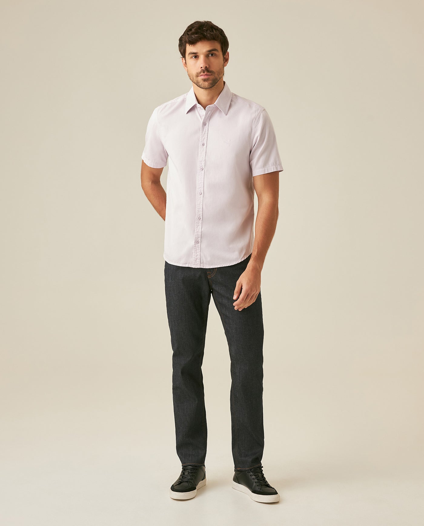 Mens Shirt Short Sleeve Slim Fit Twill Cotton Tone on Tone Duck Embroidery Marked Buttons - Purple 63_611H002_MOR133802_4