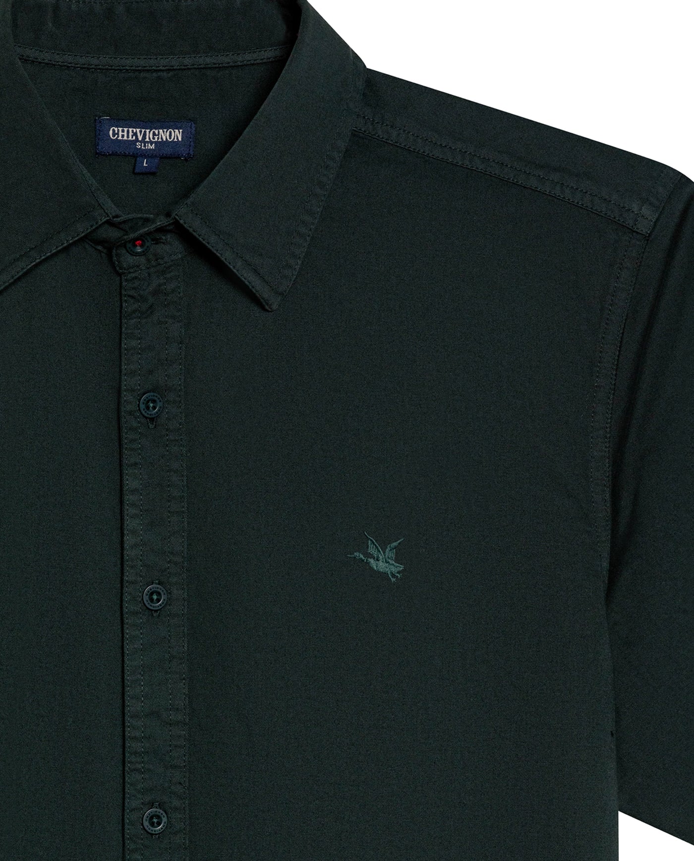 Mens Shirt Short Sleeve Slim Fit Twill Cotton Tone on Tone Duck Embroidery Marked Buttons - Green 63_611H002_VER195350_8