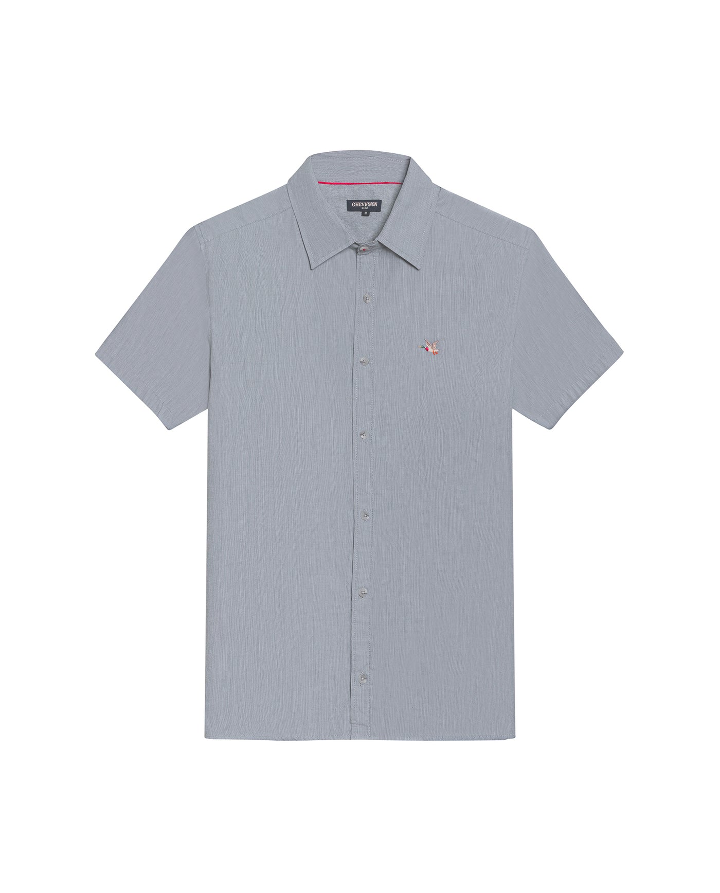 Mens Shirt Short Sleeve Slim Fit Mini Stripe Fill Fill Cotton Linen Vibrant Red Details - Dark Green 63_611H003_VER195406_3